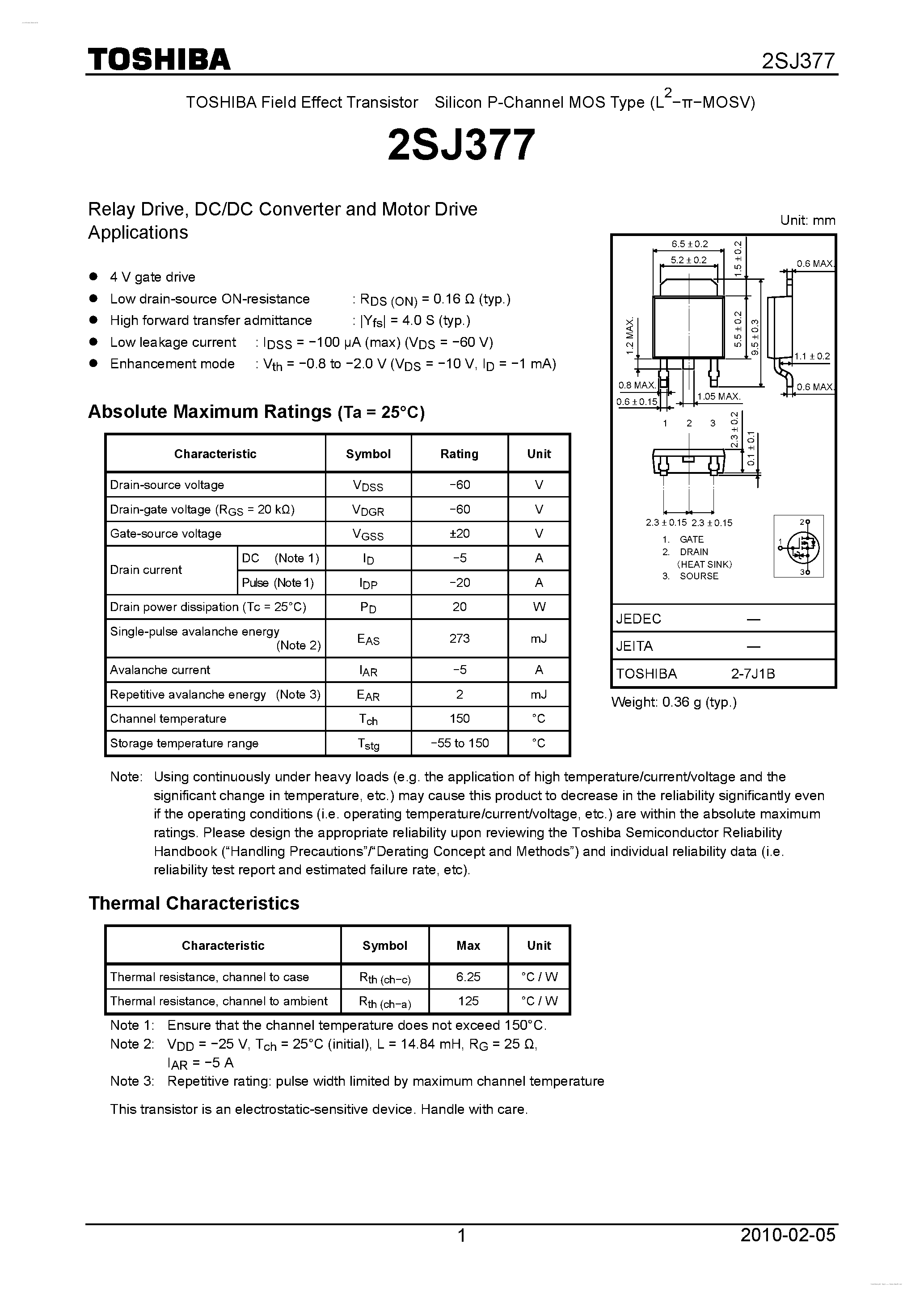 Datasheet 2SJ377 - P CHANNEL MOS TYPE (HIGH SPEED/ HIGH CURRENT SWITCHING/ REALY DRIVE/ DC-DC CONVERTER AND MOTOR DRIVE APPLICATIONS) page 1