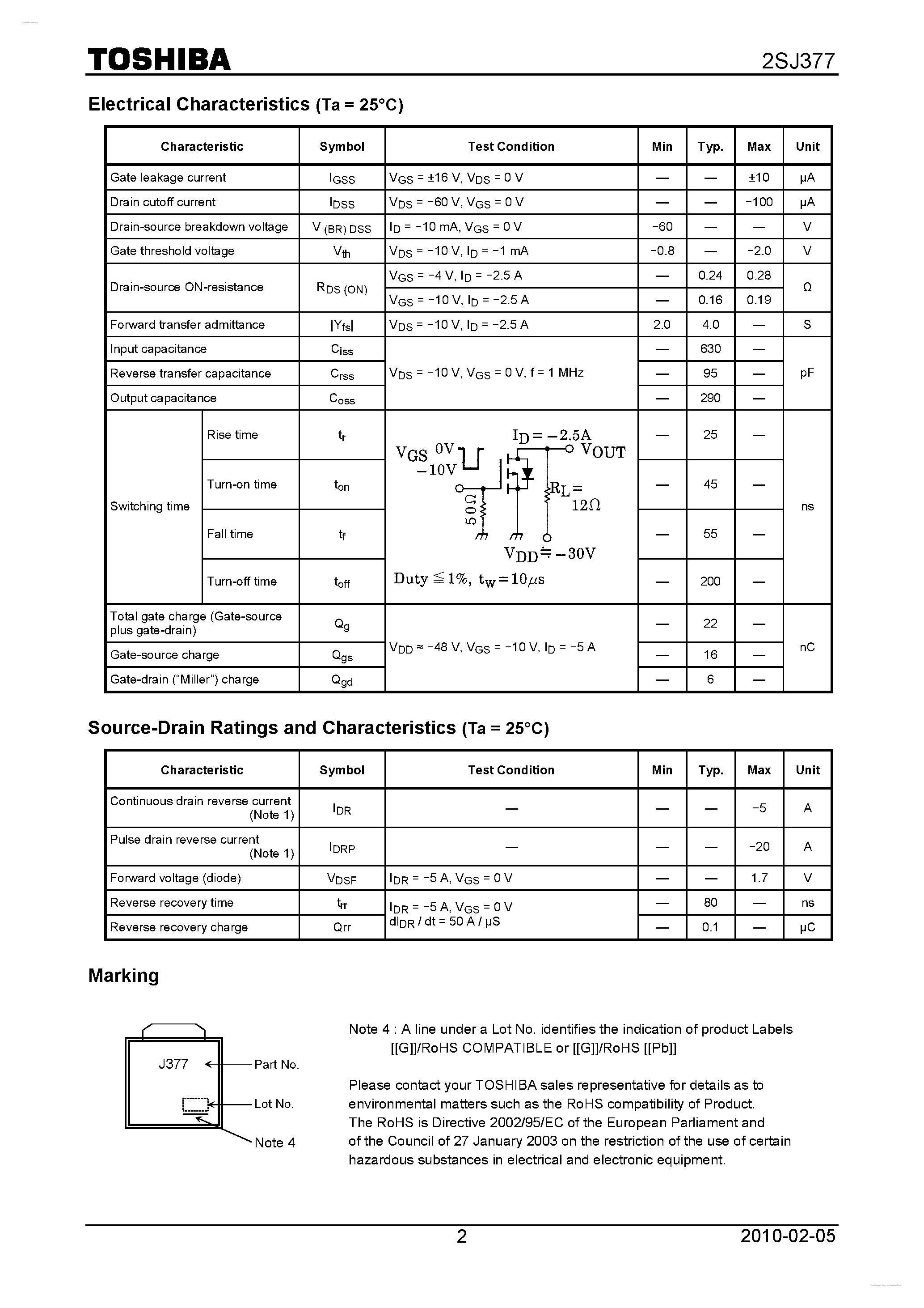 Datasheet 2SJ377 - P CHANNEL MOS TYPE (HIGH SPEED/ HIGH CURRENT SWITCHING/ REALY DRIVE/ DC-DC CONVERTER AND MOTOR DRIVE APPLICATIONS) page 2