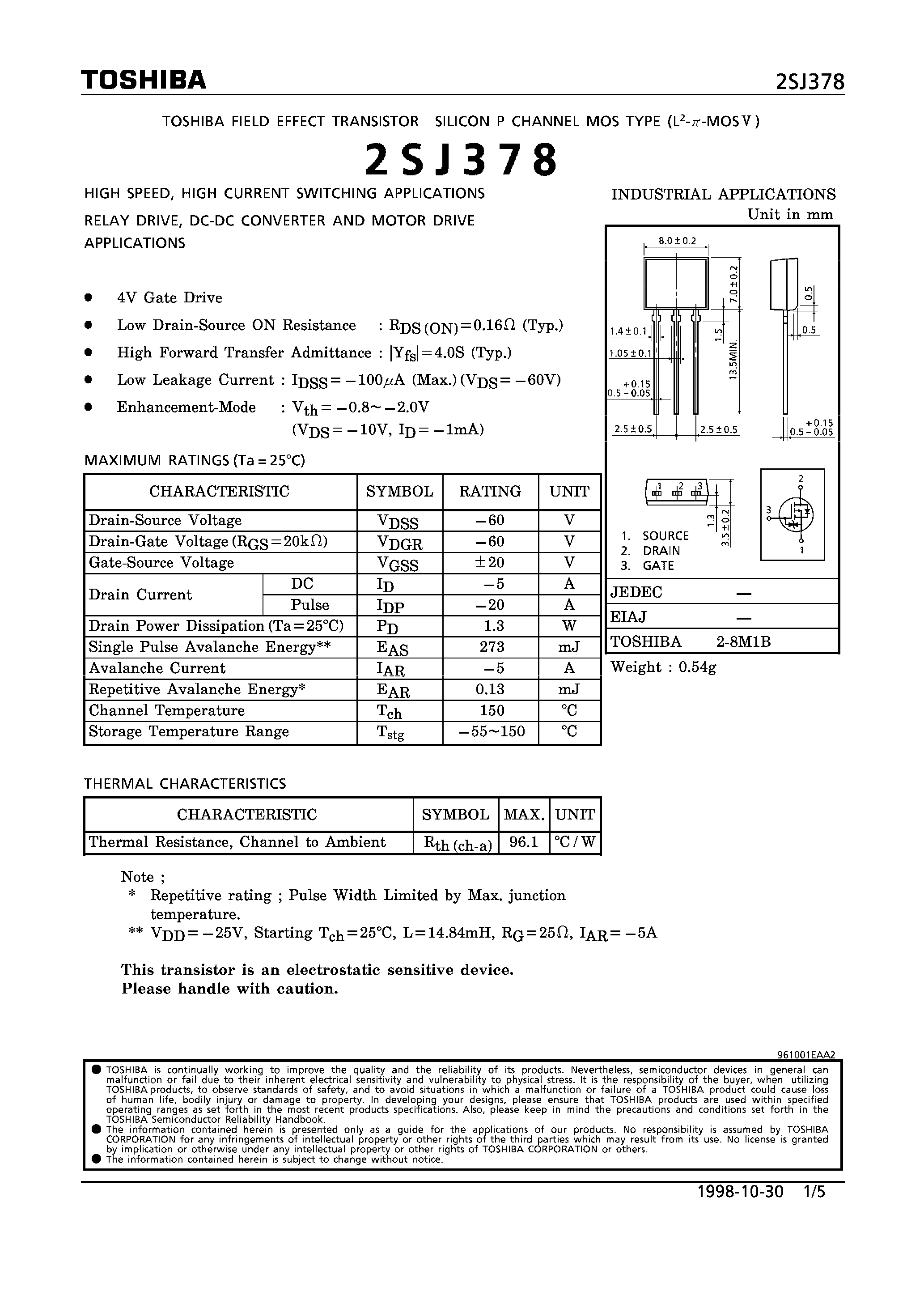Datasheet 2SJ378 - P CHANNEL MOS TYPE (HIGH CURRENT SWITCHING/ RELAY DRIVE/ DC-DC CONVERTER AND MOTOR DRIVE APPLICATIONS) page 1