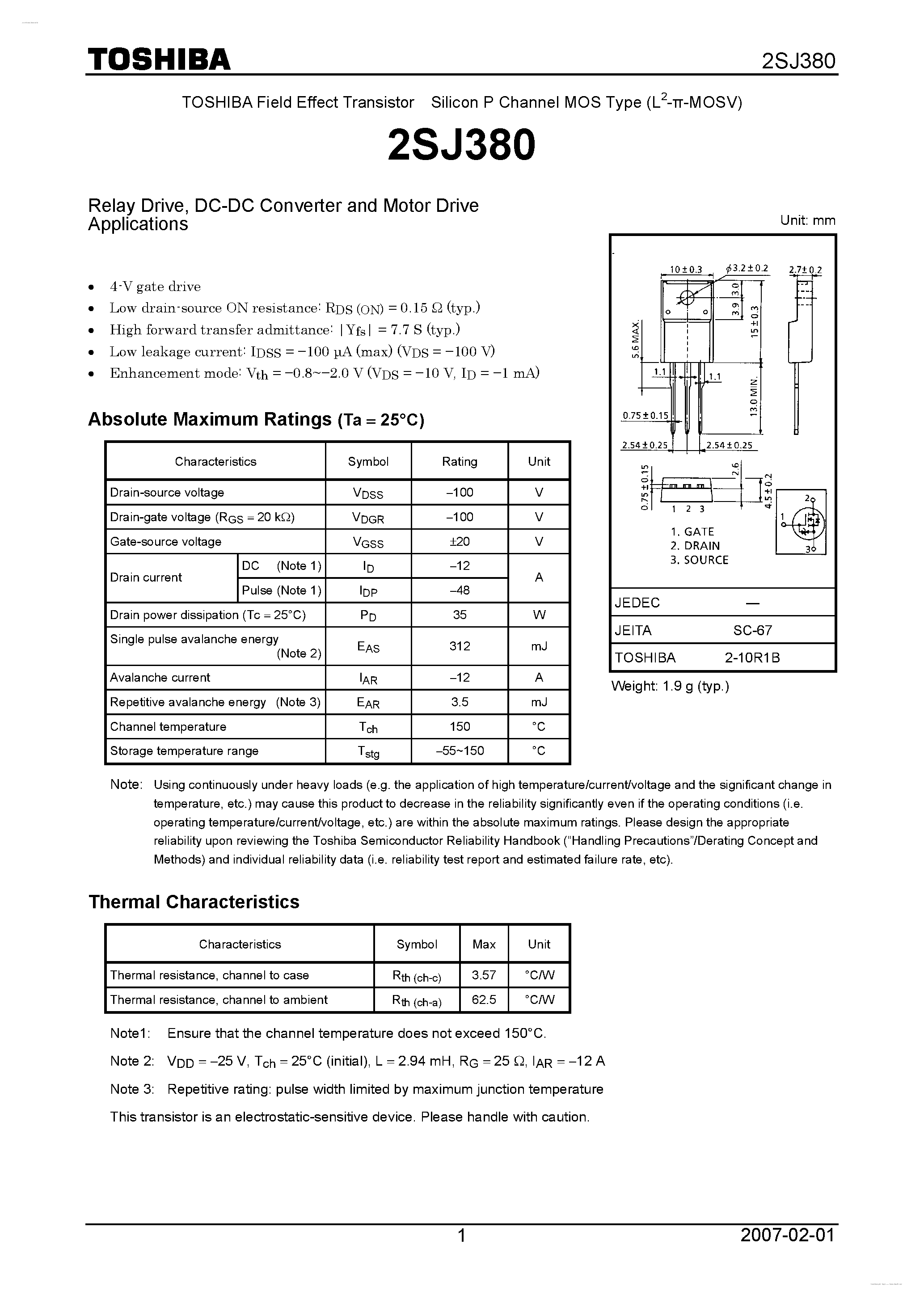 Datasheet 2SJ380 - P CHANNEL MOS TYPE (HIGH SPEED/ HIGH CURRENT SWITCHING/ RELAY DRIVE/ DC-DC CONVERTER AND MOTOR DRIVE APPLICATIONS) page 1
