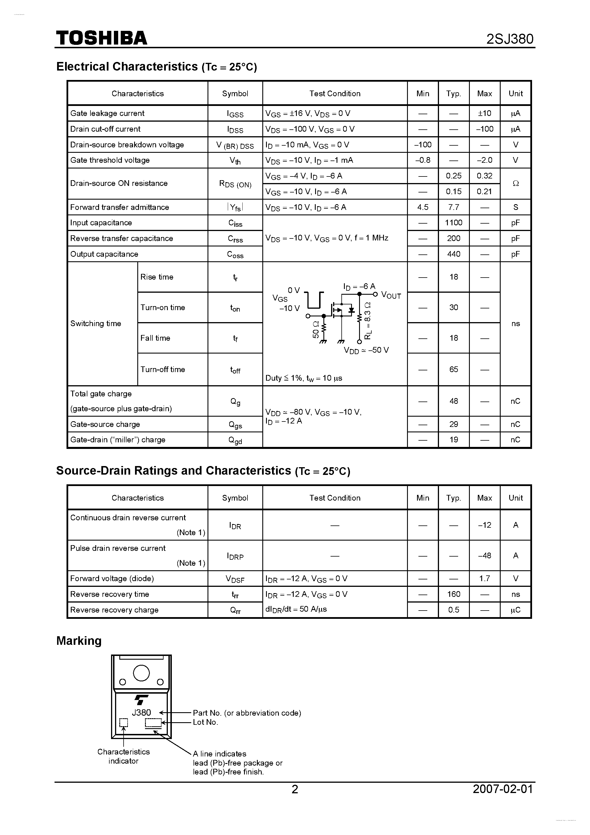 Datasheet 2SJ380 - P CHANNEL MOS TYPE (HIGH SPEED/ HIGH CURRENT SWITCHING/ RELAY DRIVE/ DC-DC CONVERTER AND MOTOR DRIVE APPLICATIONS) page 2