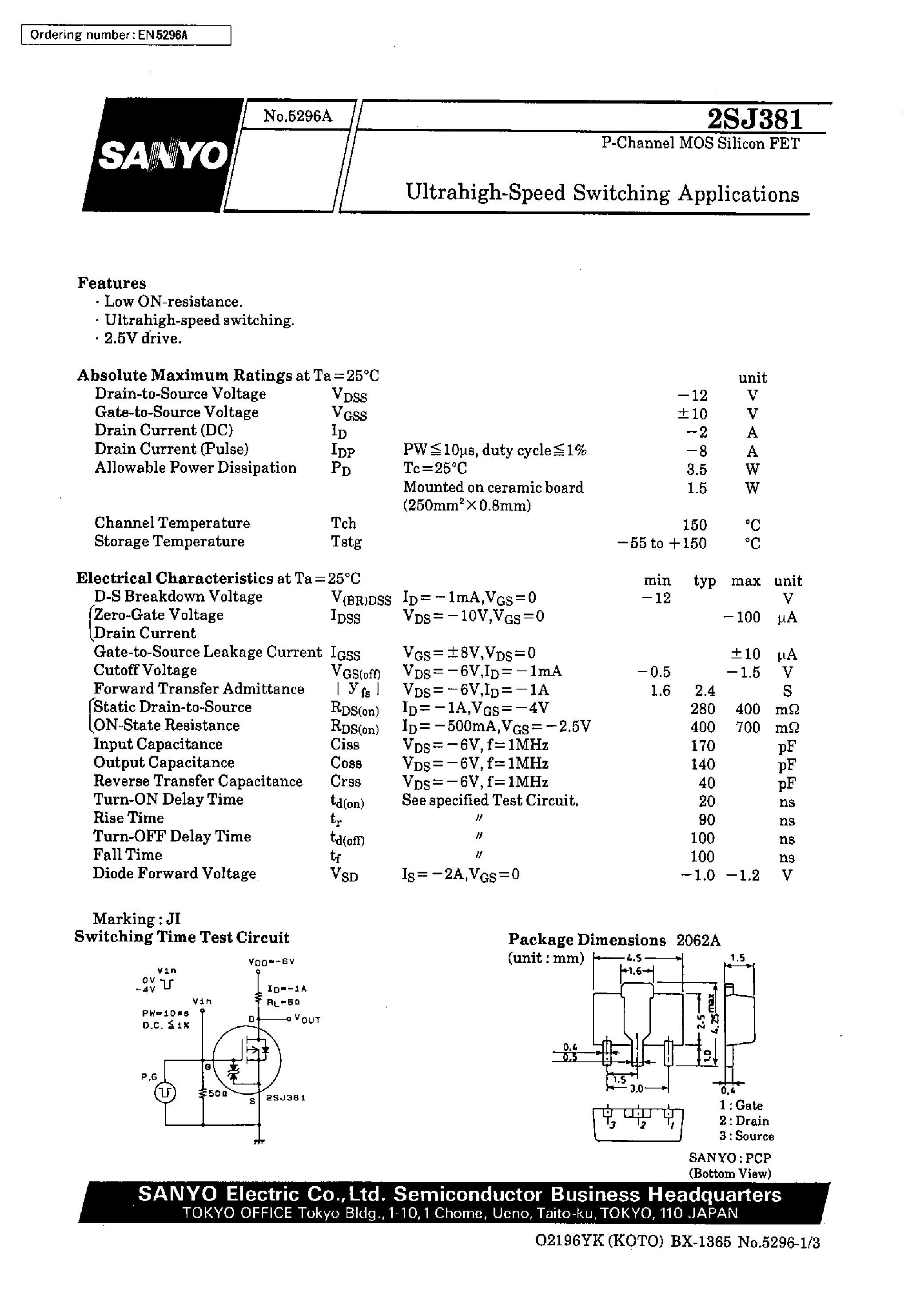 Datasheet 2SJ381 page 1 Datasheet 2SJ381 - Ultrahigh-Speed Switching Applications page 1