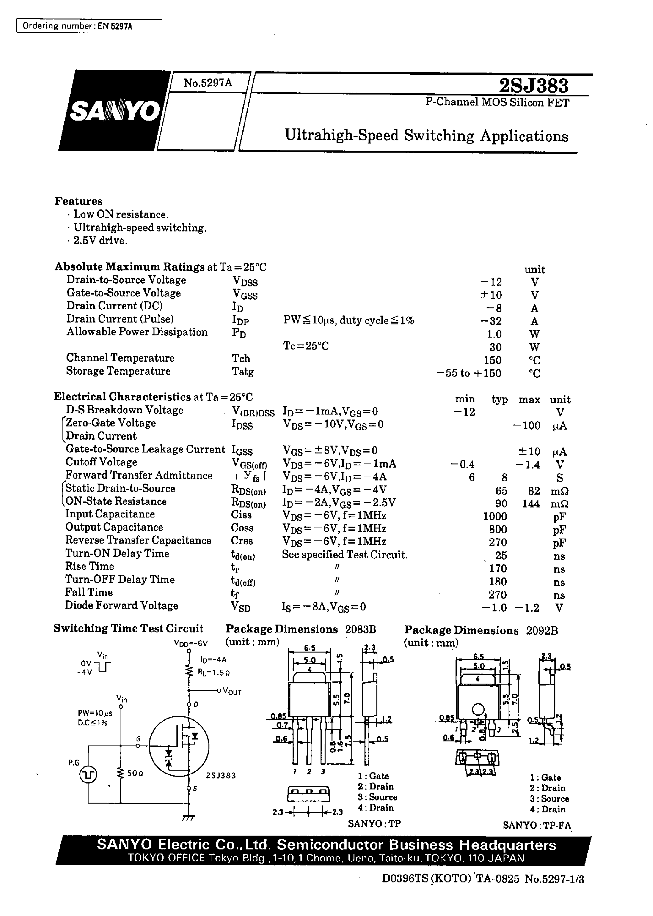 Datasheet 2SJ383 page 1 Datasheet 2SJ383 - Ultrahigh-Speed Switching Applications page 1