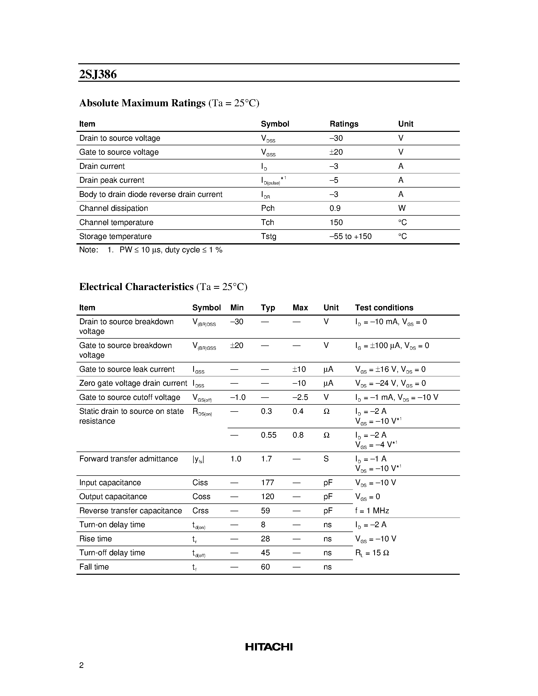 Datasheet 2SJ386 page 2 Datasheet 2SJ386 - Silicon P-Channel MOS FET page 2