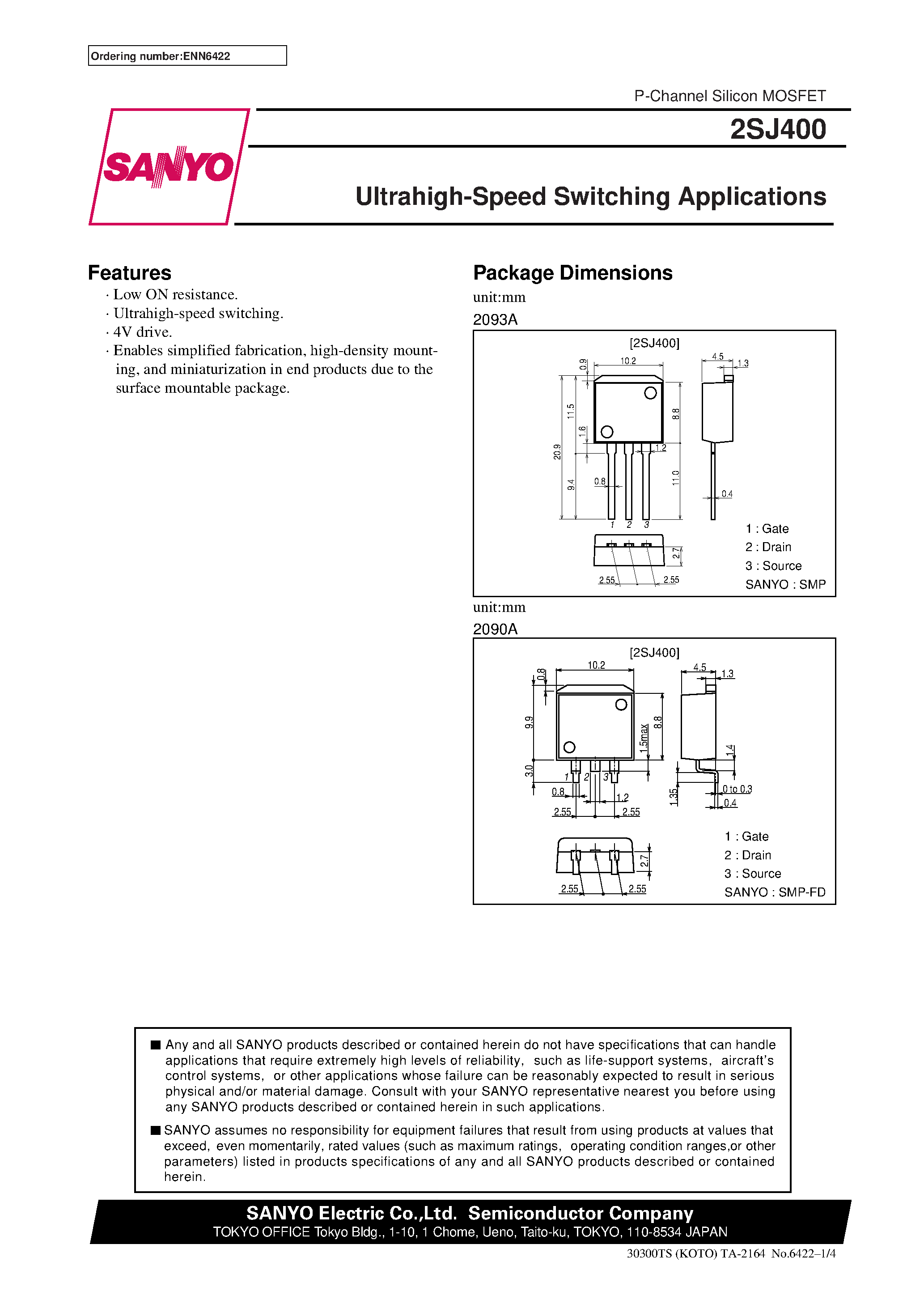 Datasheet 2SJ400 - Ultrahigh-Speed Switching Applications page 1