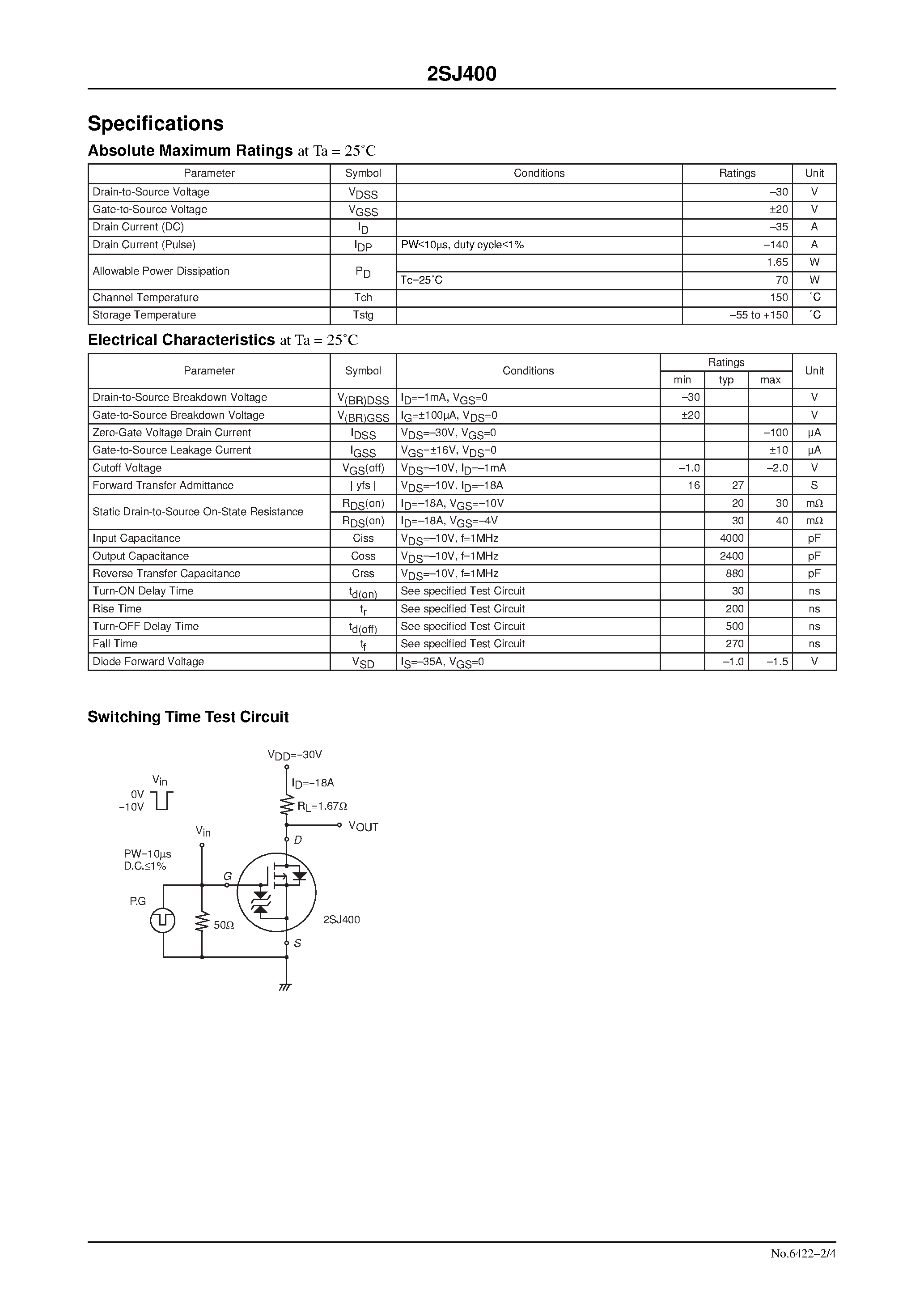 Datasheet 2SJ400 - Ultrahigh-Speed Switching Applications page 2