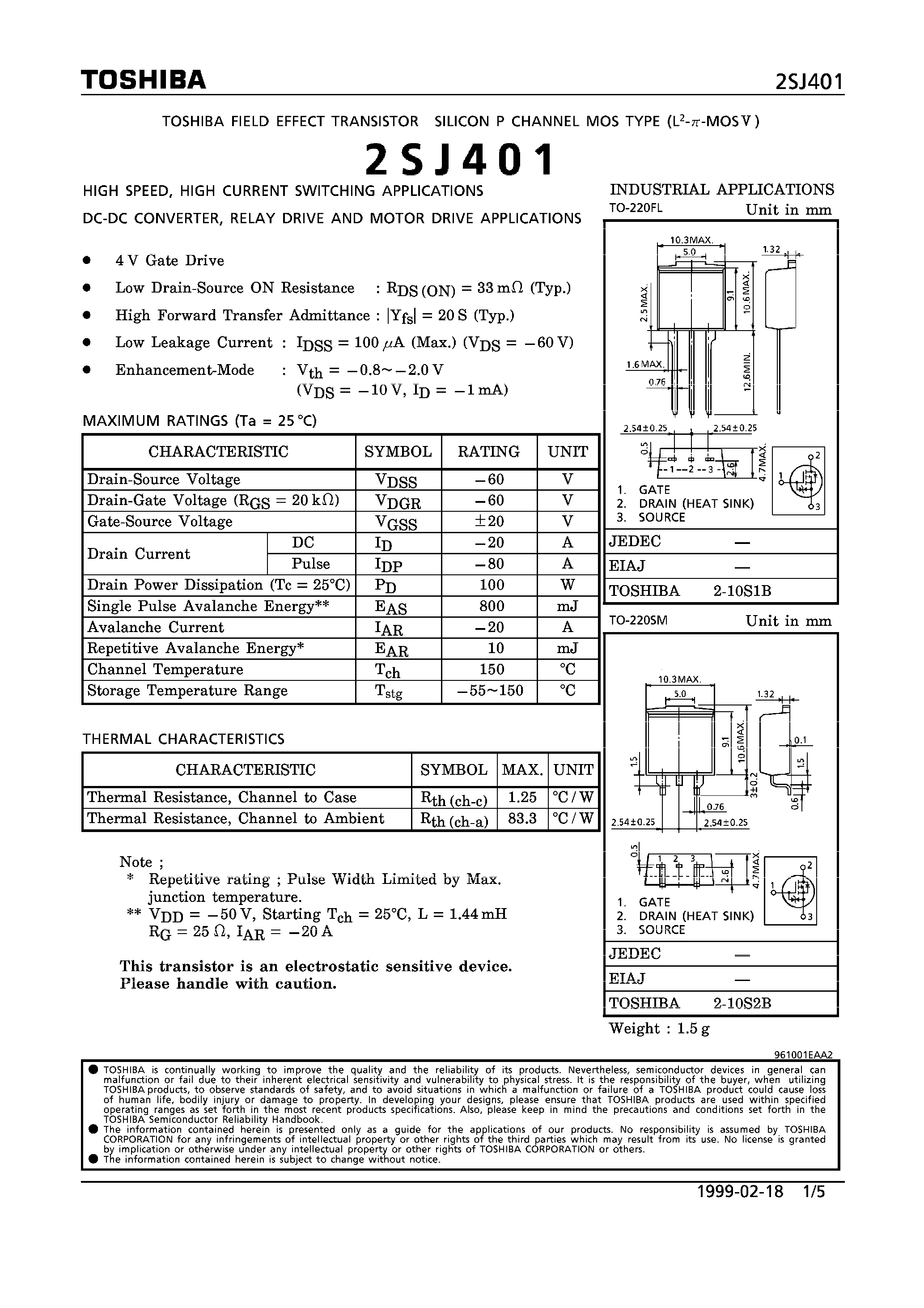 Datasheet 2SJ401 page 1 Datasheet 2SJ401 - P CHANNEL MOS TYPE (HIGH SPEED/ HIGH CURRENT SWITCHING/ DC-DC CONVERTER/ RELAY DRIVE AND MOTOR DRIVE APPLICATIONS) page 1