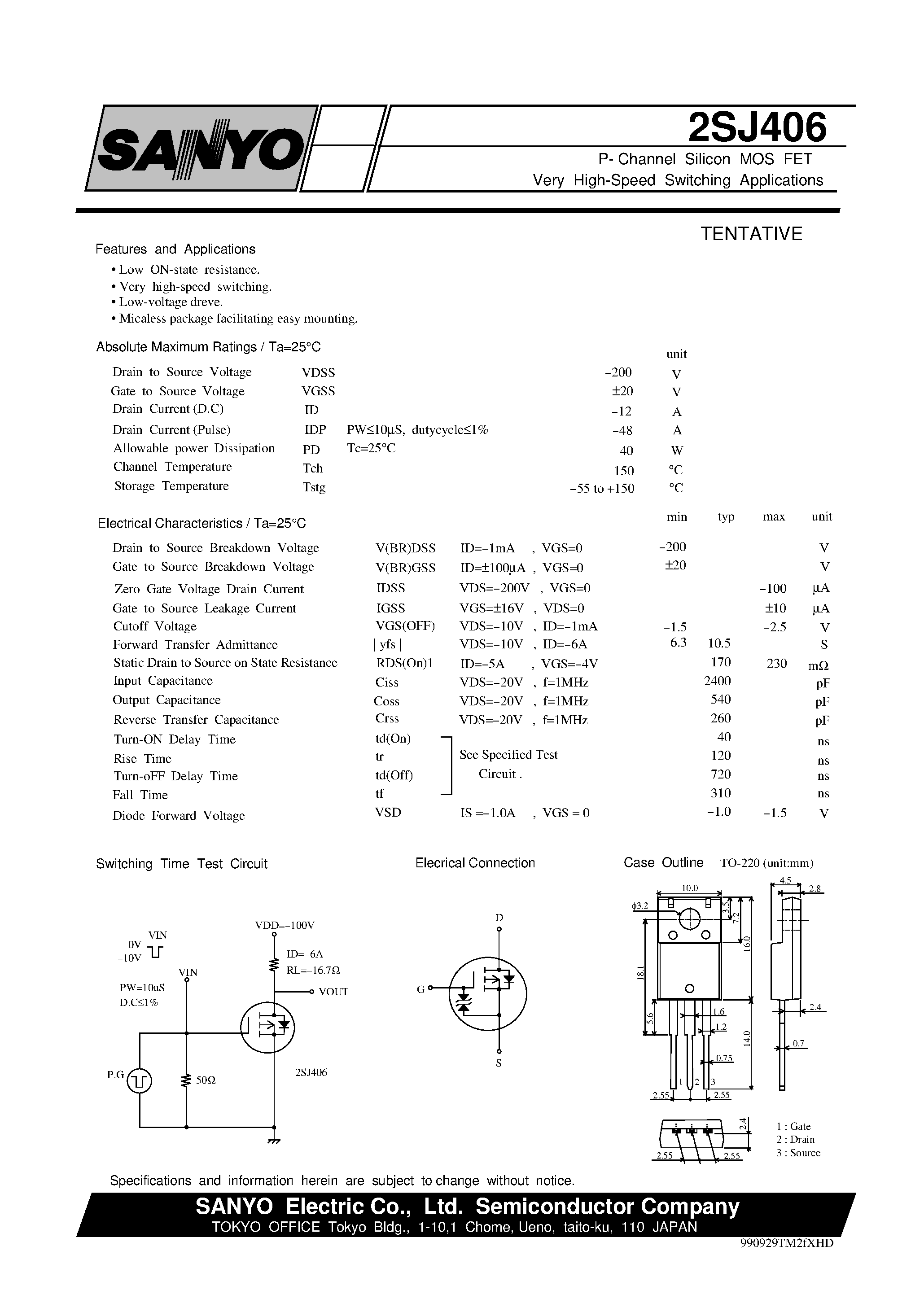 Datasheet 2SJ406 - P- Channel Silicon MOS FET Very High-Speed Switching Applications page 1