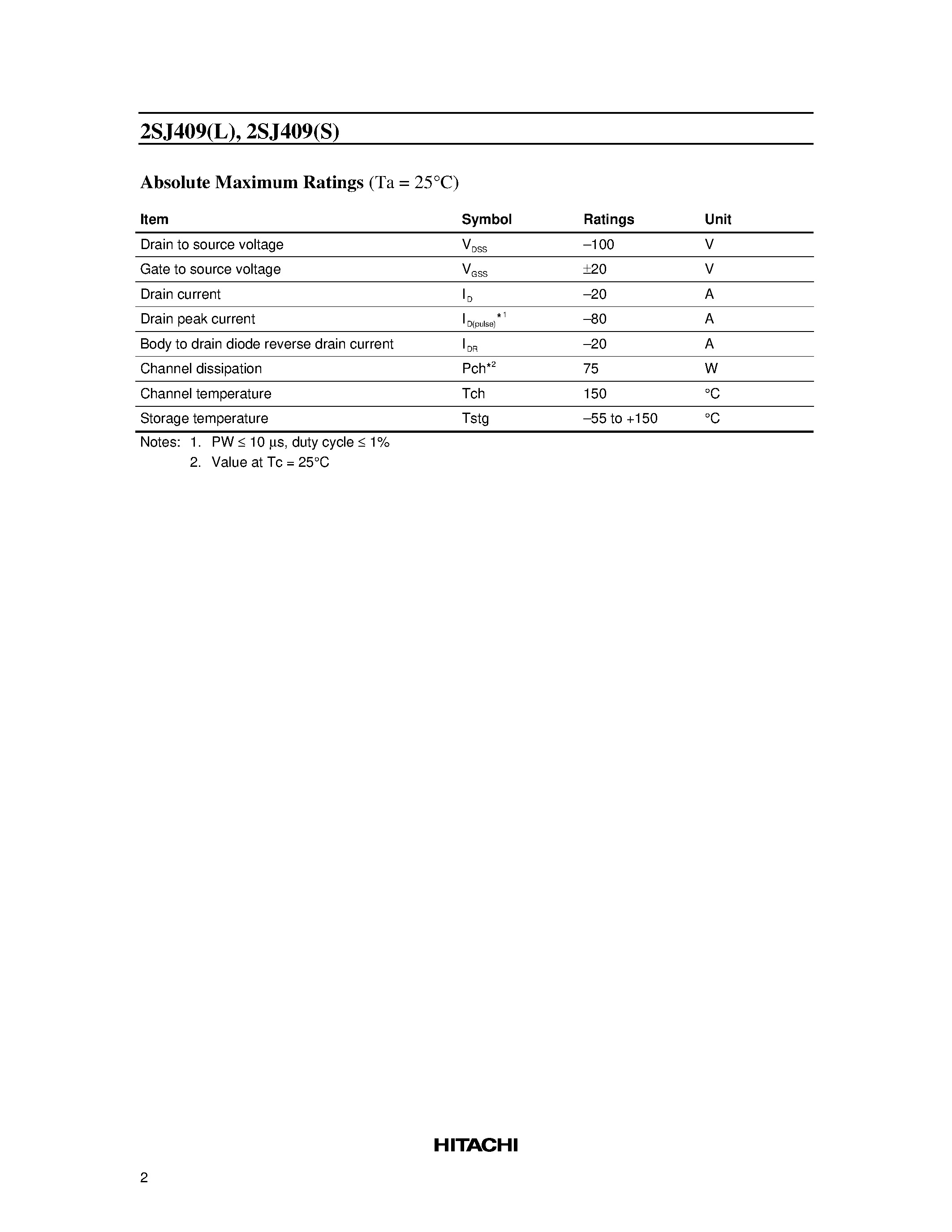 Datasheet 2SJ409S - Silicon P-Channel MOS FET page 2