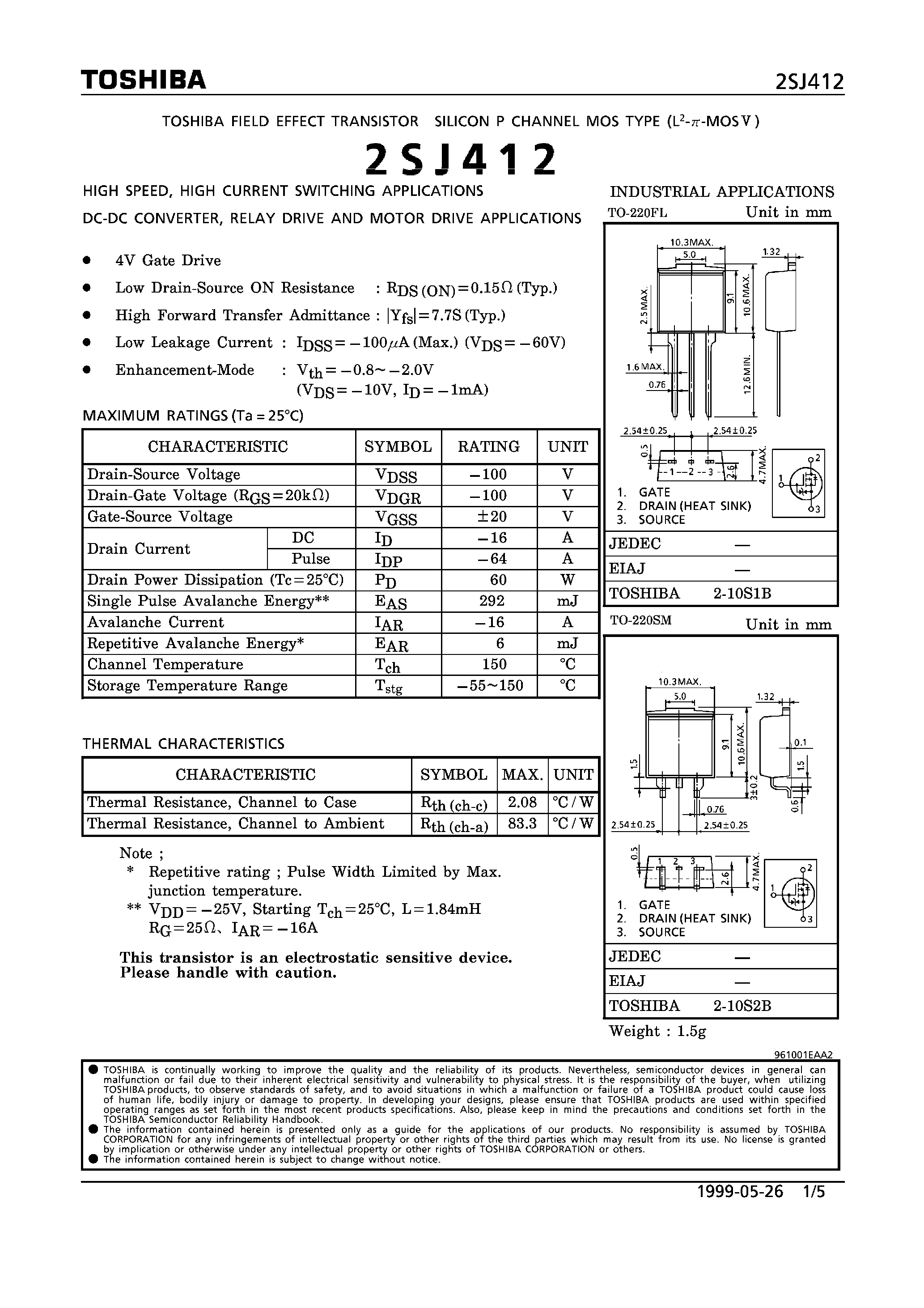 Datasheet 2SJ412 - P CHANNEL MOS TYPE (HIGH SPEED/ HIGH CURRENT SWITCHING/ DC-DC CONVERTER/ RELAY DRIVE AND MOTOR DRIVE APPLICATIONS) page 1