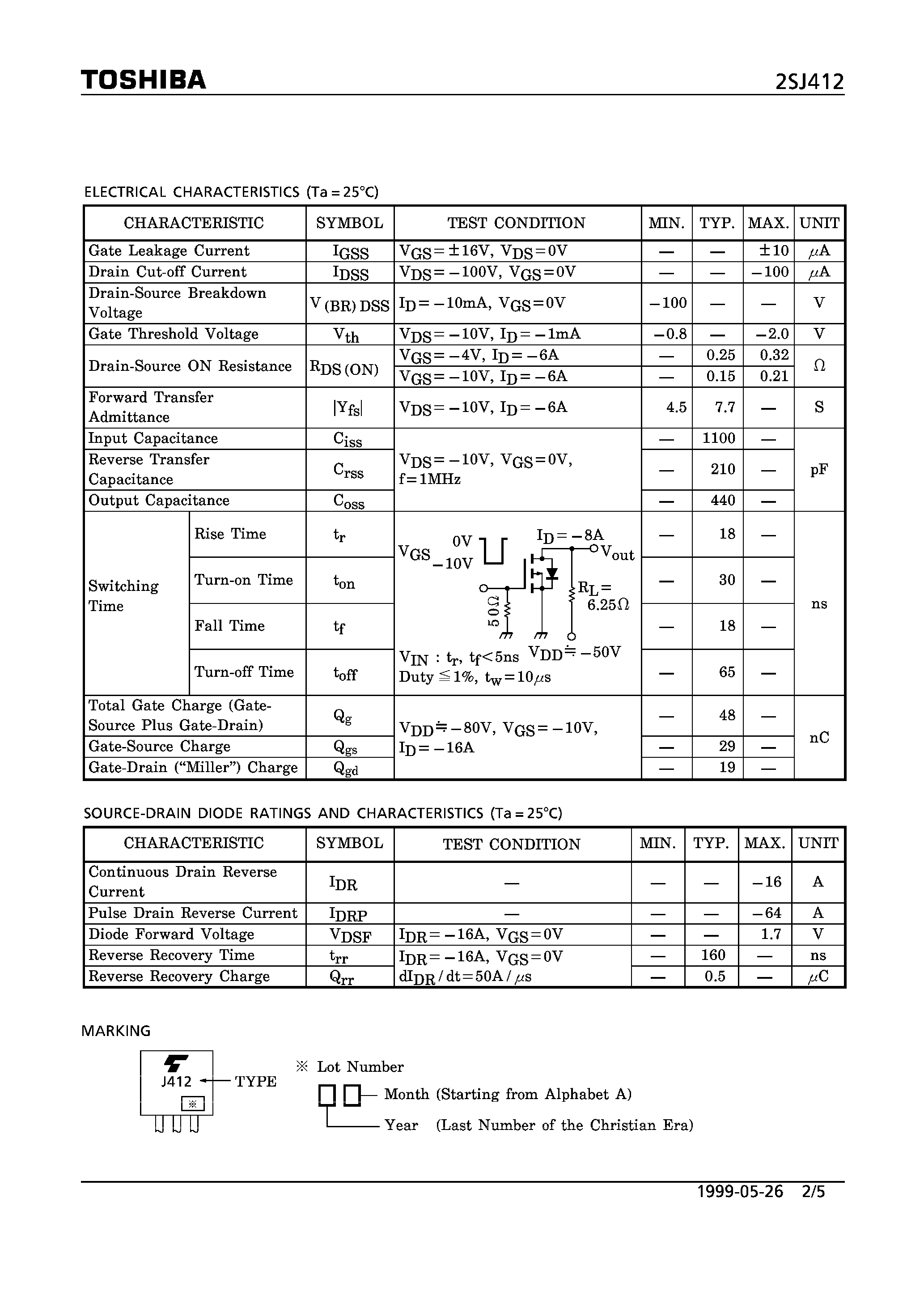 Datasheet 2SJ412 - P CHANNEL MOS TYPE (HIGH SPEED/ HIGH CURRENT SWITCHING/ DC-DC CONVERTER/ RELAY DRIVE AND MOTOR DRIVE APPLICATIONS) page 2