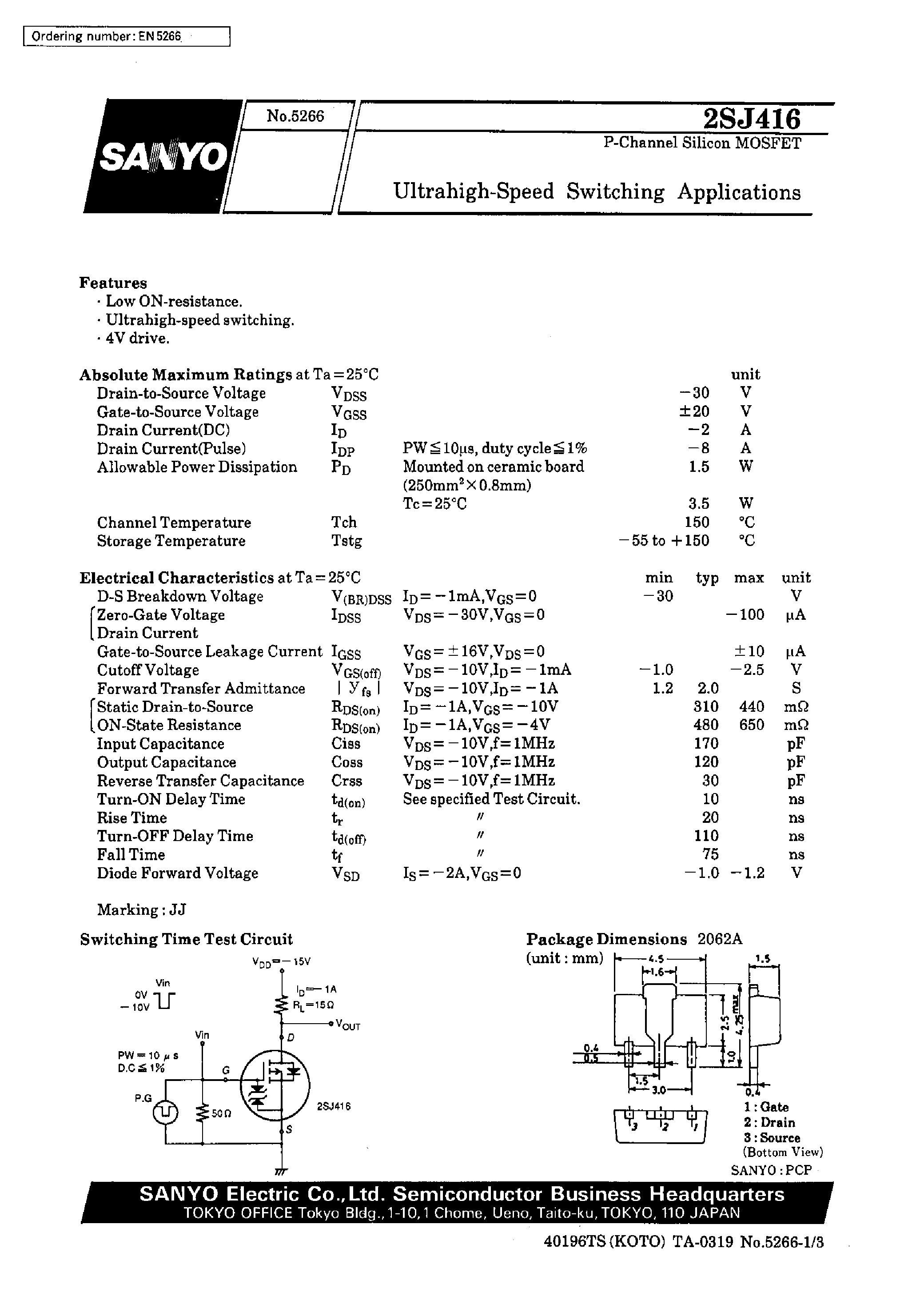 Datasheet 2SJ416 - Ultrahigh-Speed Switching Applications page 1
