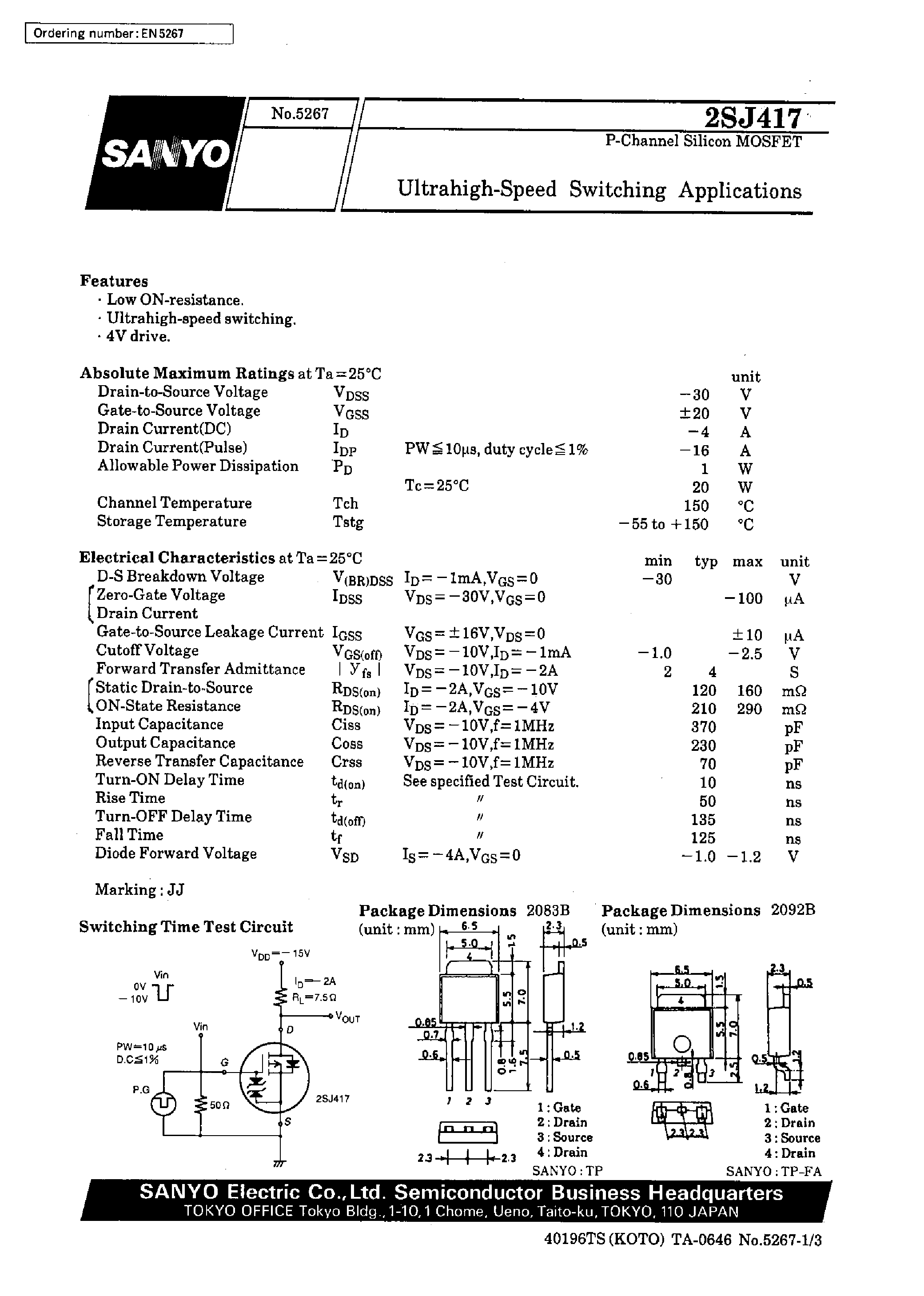 Datasheet 2SJ417 - Ultrahigh-Speed Switching Applications page 1