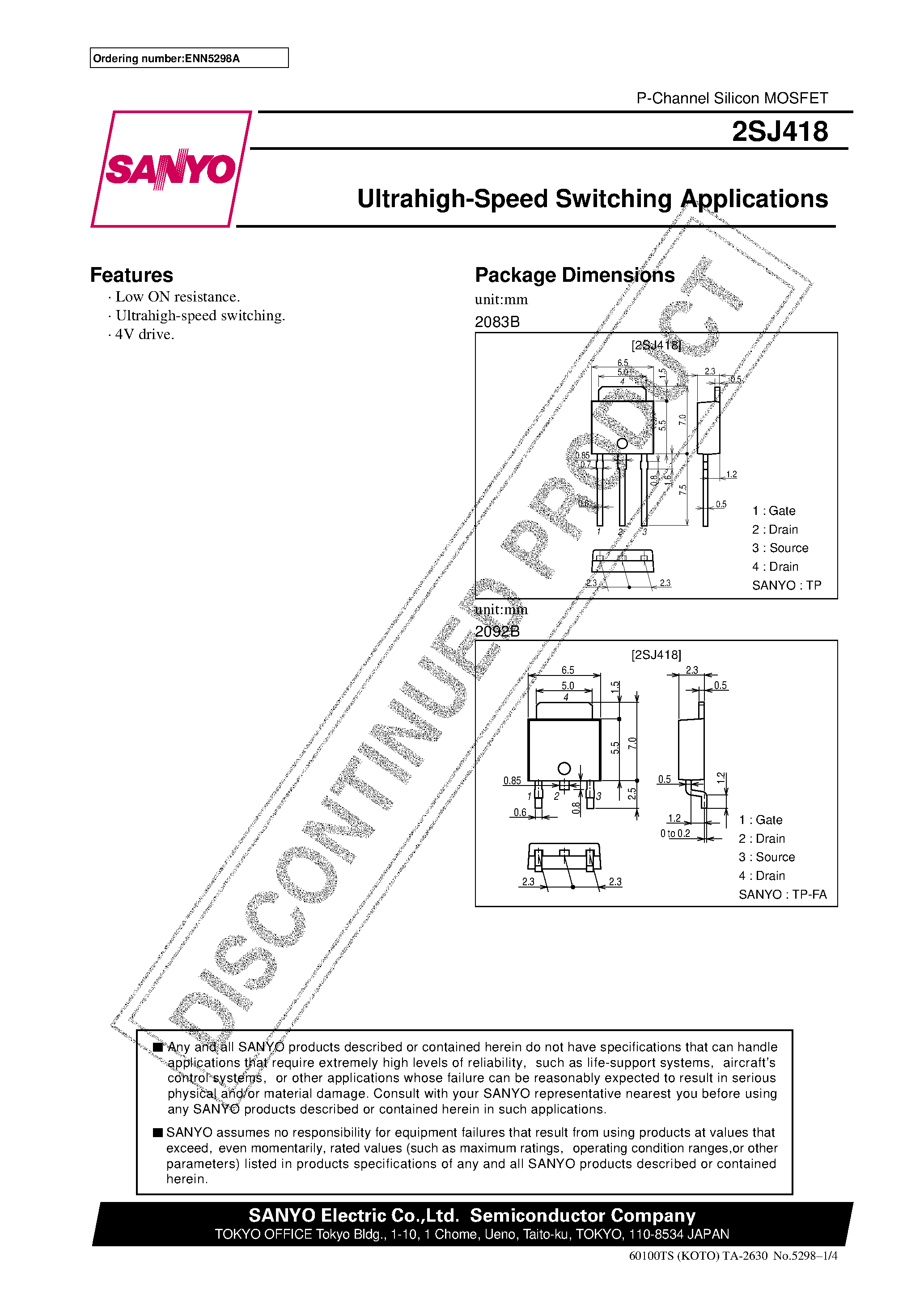Datasheet 2SJ418 - Ultrahigh-Speed Switching Applications page 1
