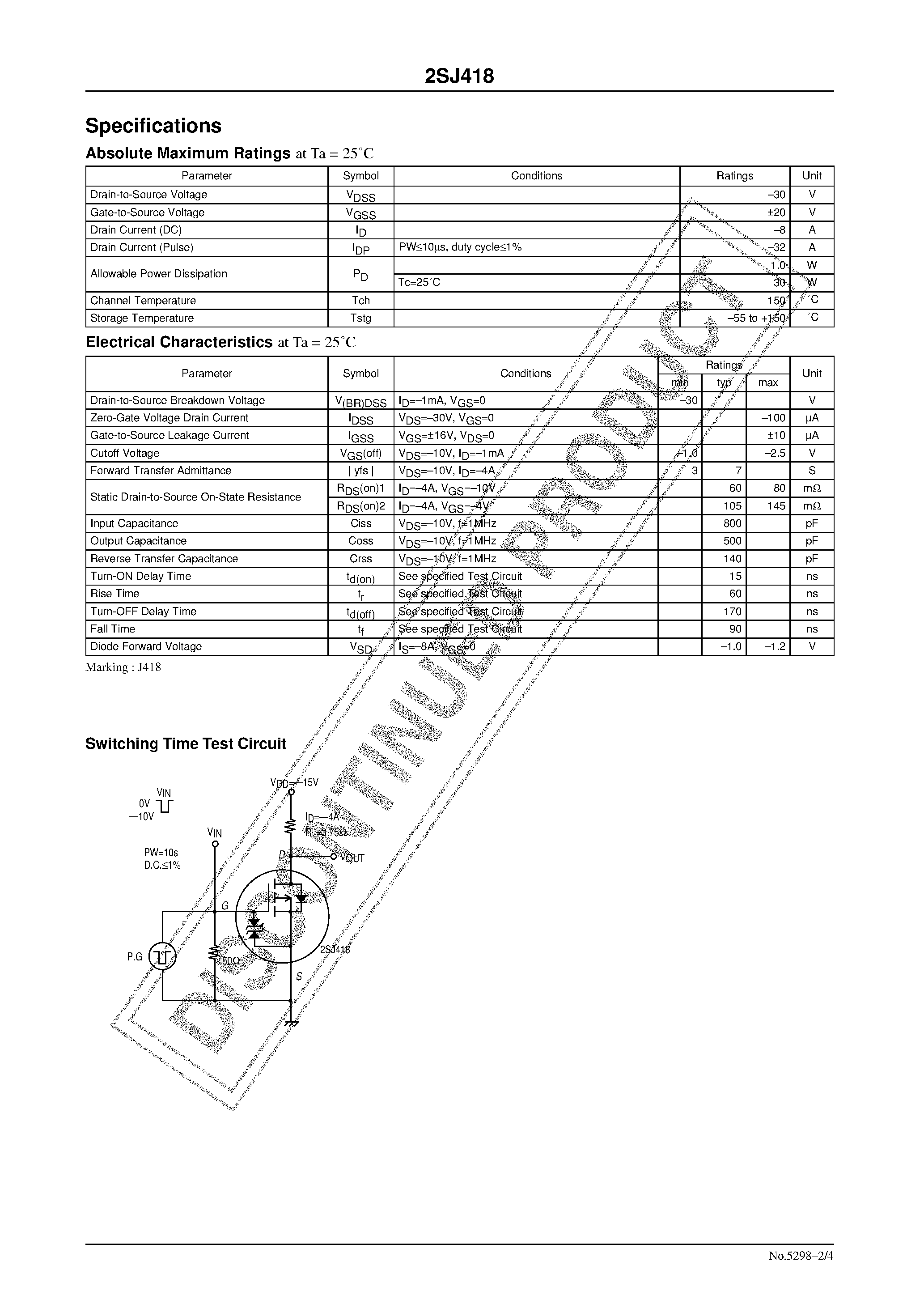 Datasheet 2SJ418 - Ultrahigh-Speed Switching Applications page 2