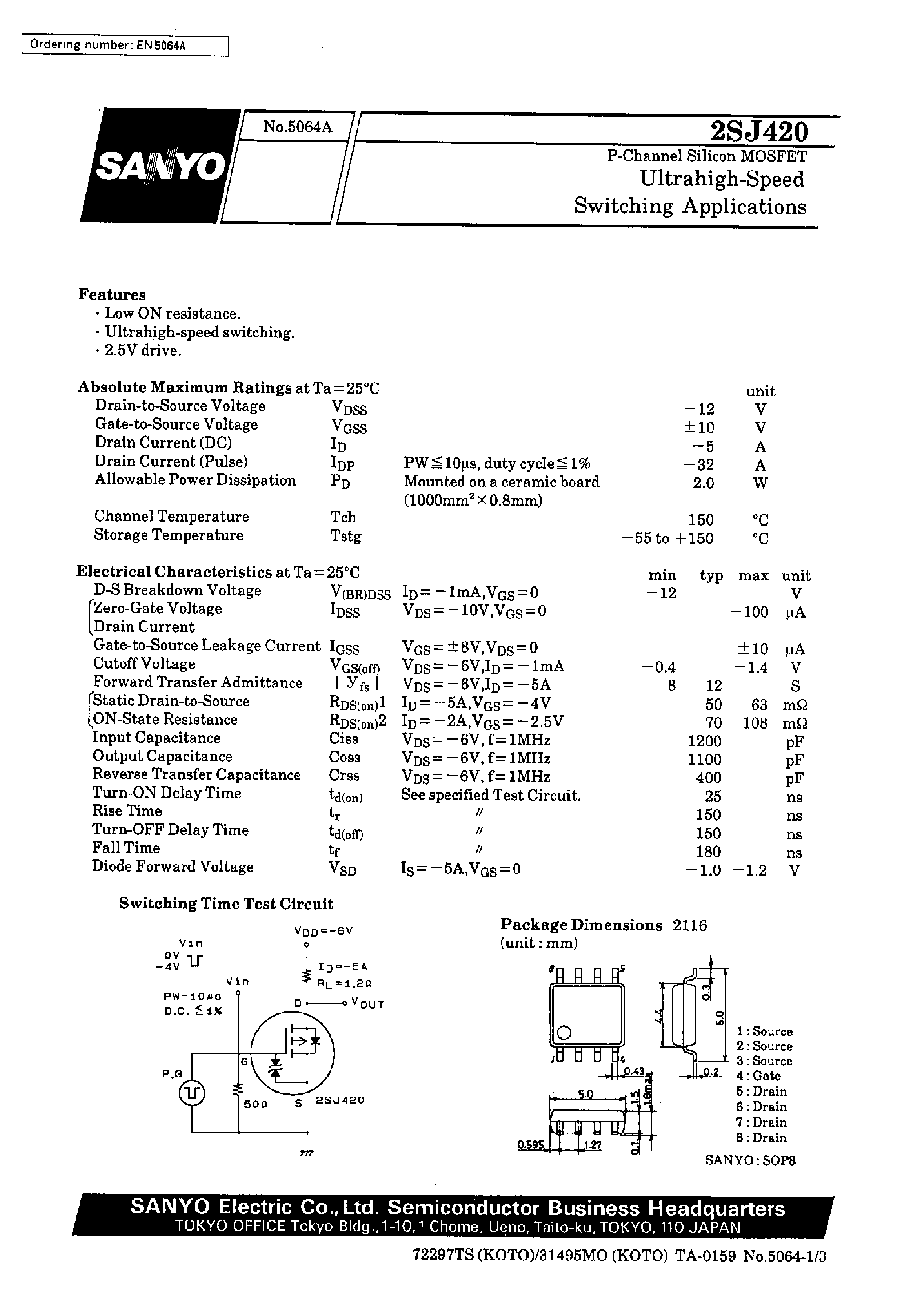 Datasheet 2SJ420 page 1 Datasheet 2SJ420 - Ultrahigh-Speed Switching Applications page 1