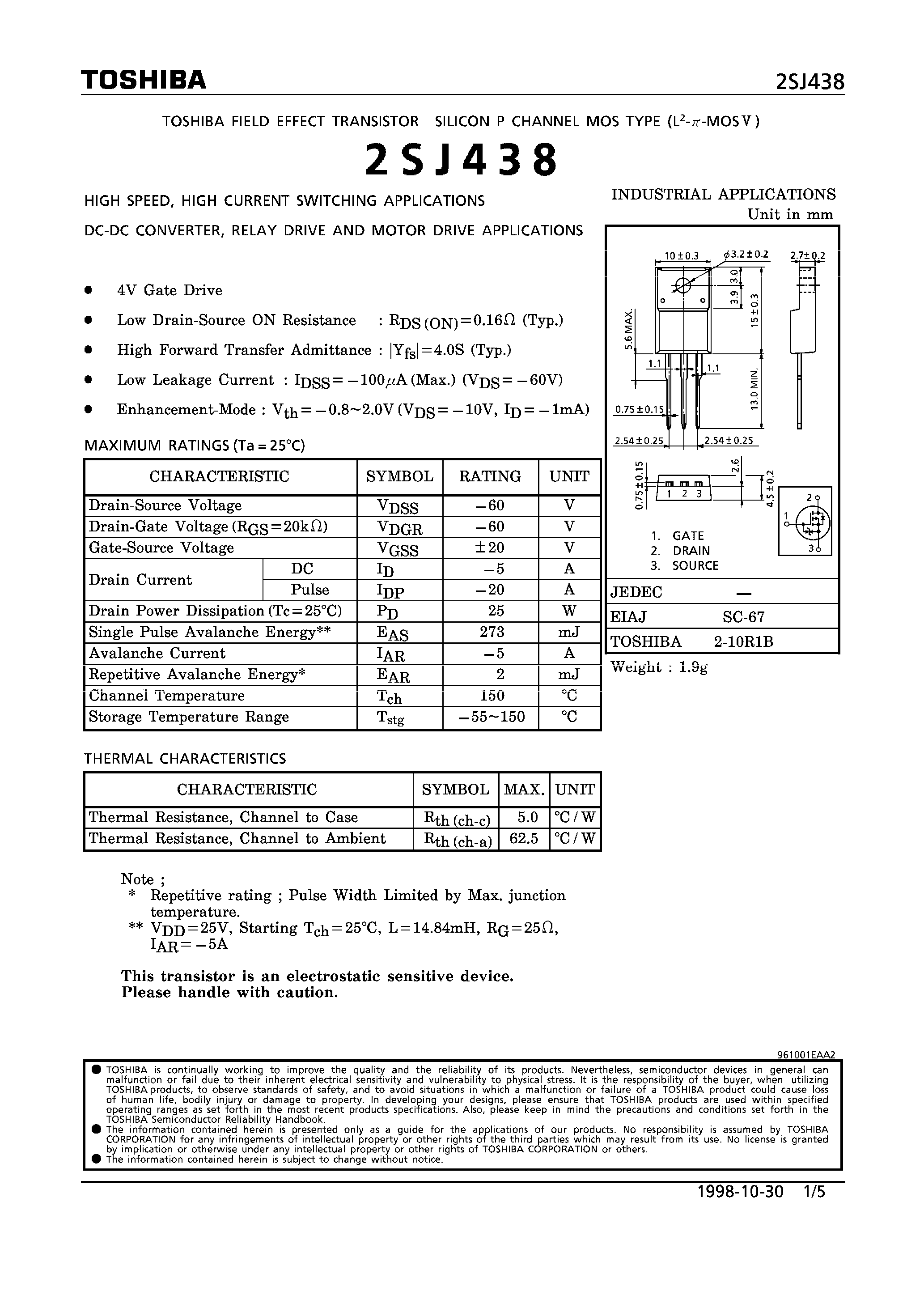Datasheet 2SJ438 - P CHANNEL MOS TYPE (HIGH SPEED/ HIGH CURRENT SWITCHING/ DC-DC CONVERTER/ RELAY DRIVE AND MOTOR DRIVE APPLICATIONS) page 1