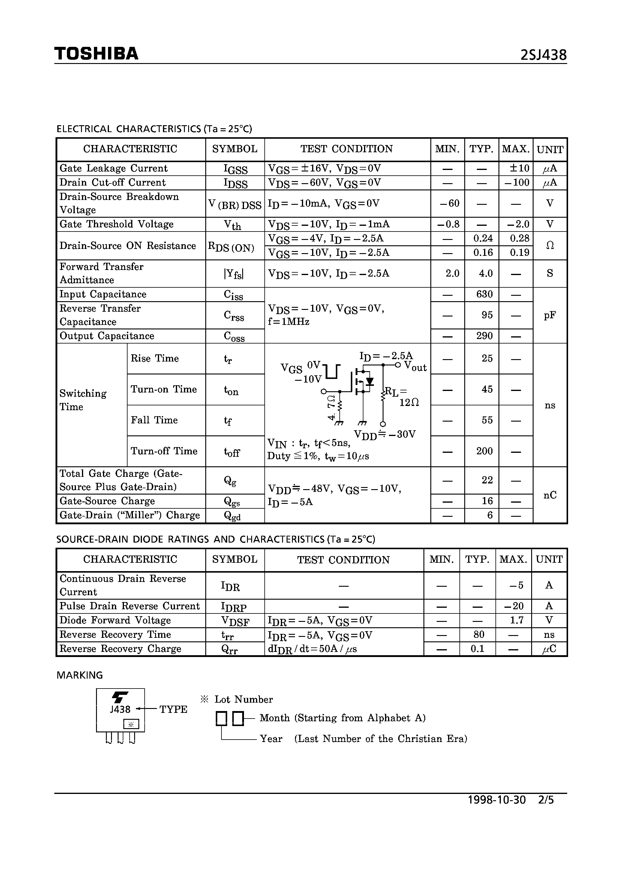 Datasheet 2SJ438 - P CHANNEL MOS TYPE (HIGH SPEED/ HIGH CURRENT SWITCHING/ DC-DC CONVERTER/ RELAY DRIVE AND MOTOR DRIVE APPLICATIONS) page 2