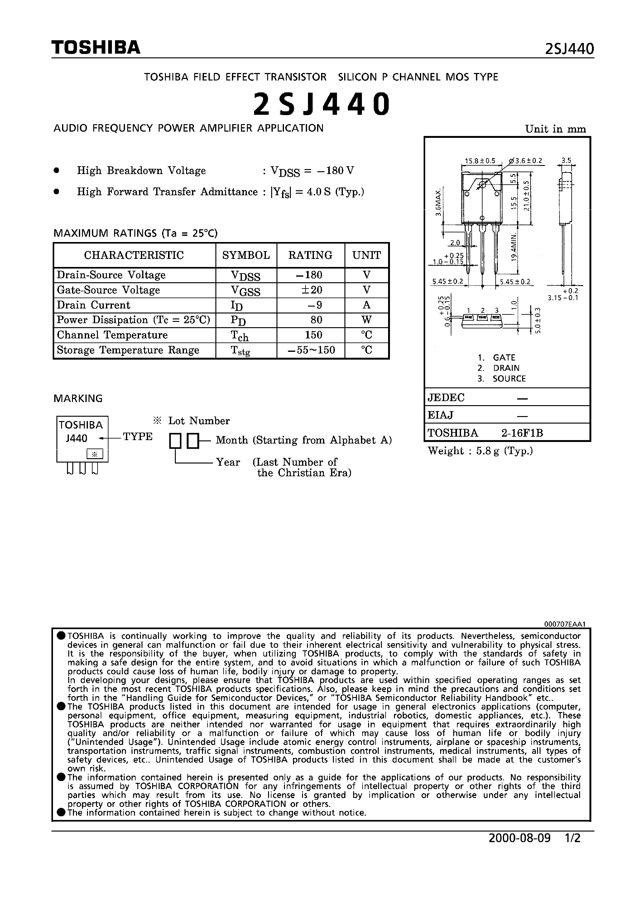 Datasheet 2SJ440 - TOSHIBA FIELD EFFECT TRANSISTOR SILICON P CHANNEL MOS TYPE page 1