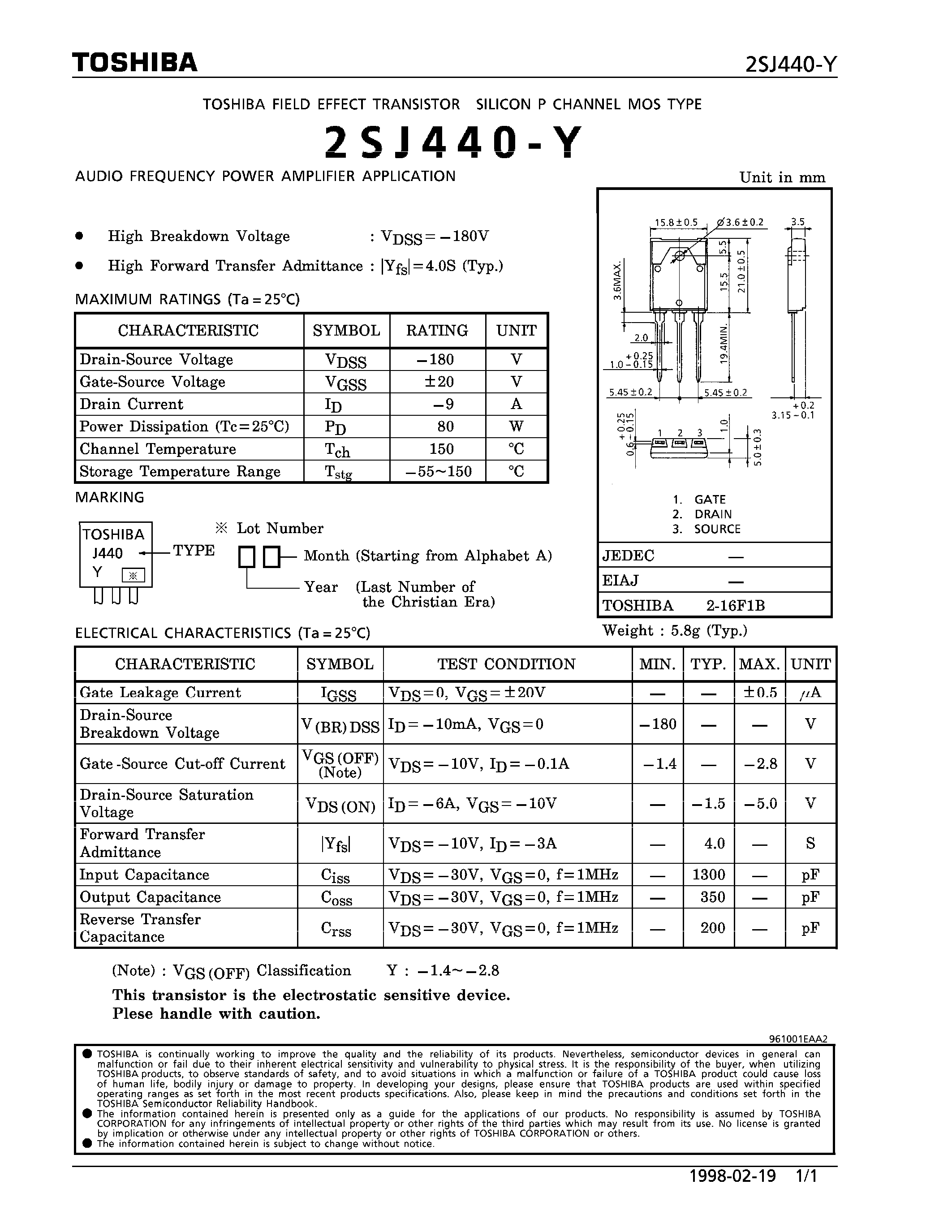 Datasheet 2SJ440-Y page 1 Datasheet 2SJ440-Y - P CHANNEL MOS TYPE (AUDIO FREQUENCY POWER AMPLIFIER APPLICATION) page 1