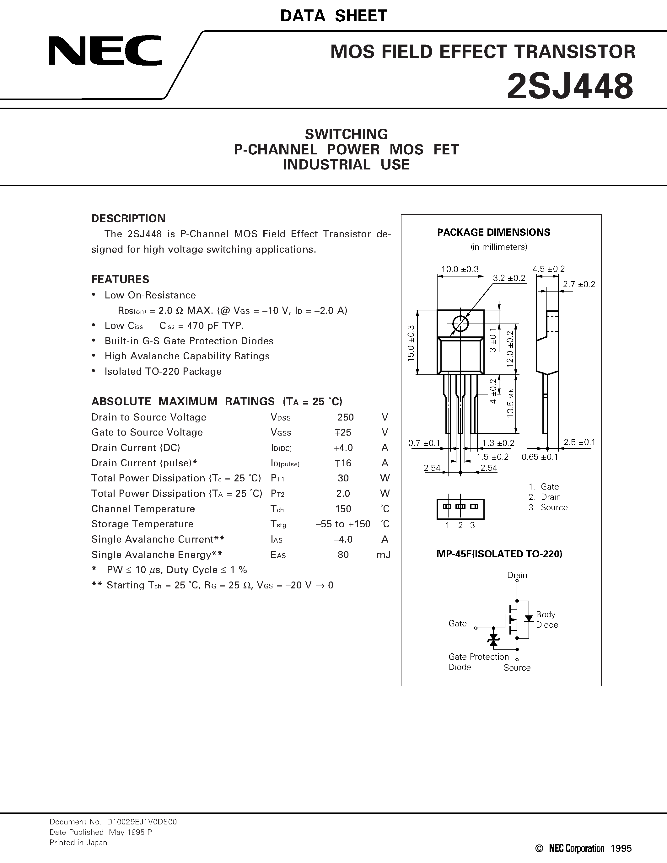 Datasheet 2SJ448 - SWITCHING P-CHANNEL POWER MOS FET INDUSTRIAL USE page 1