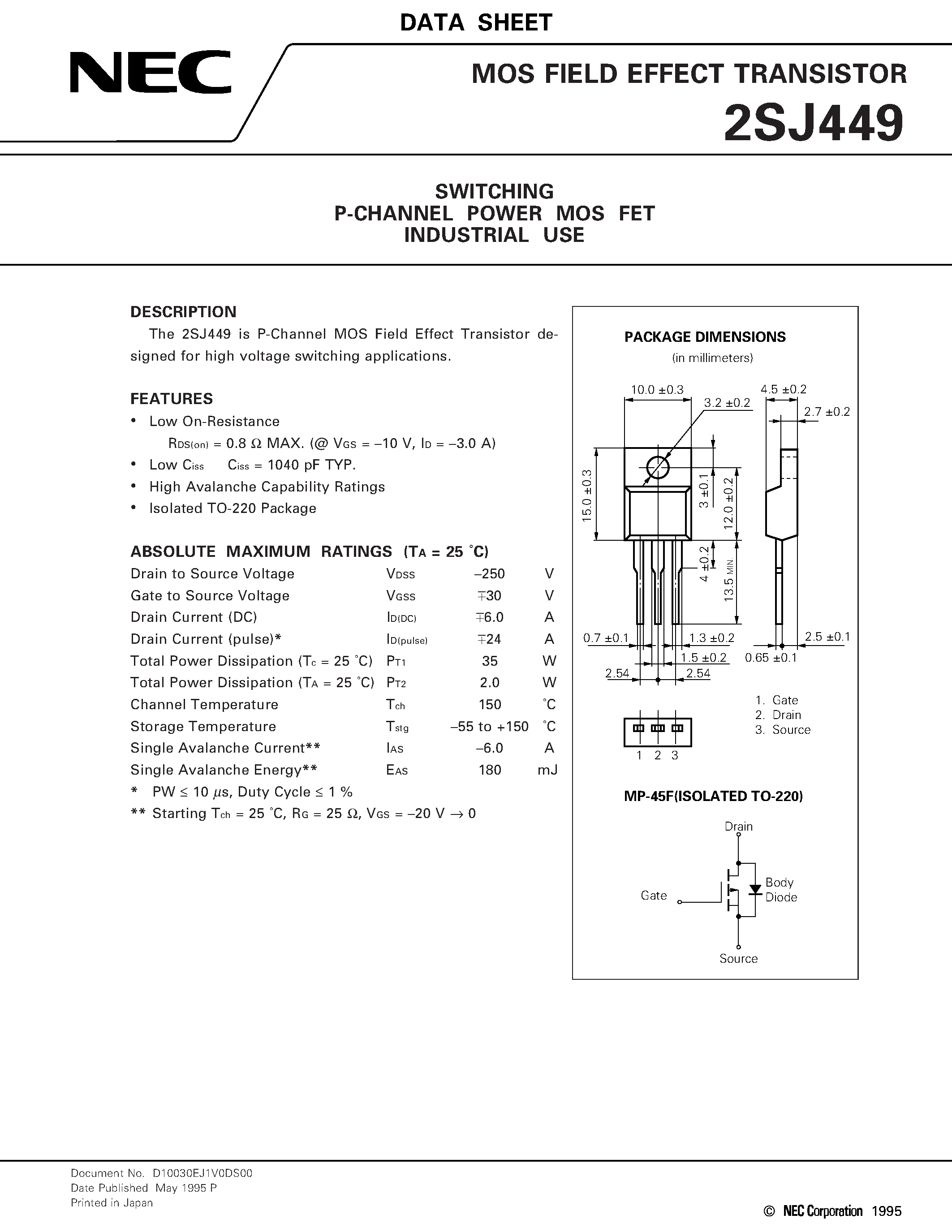 Datasheet 2SJ449 page 1 Datasheet 2SJ449 - SWITCHING P-CHANNEL POWER MOS FET INDUSTRIAL USE page 1