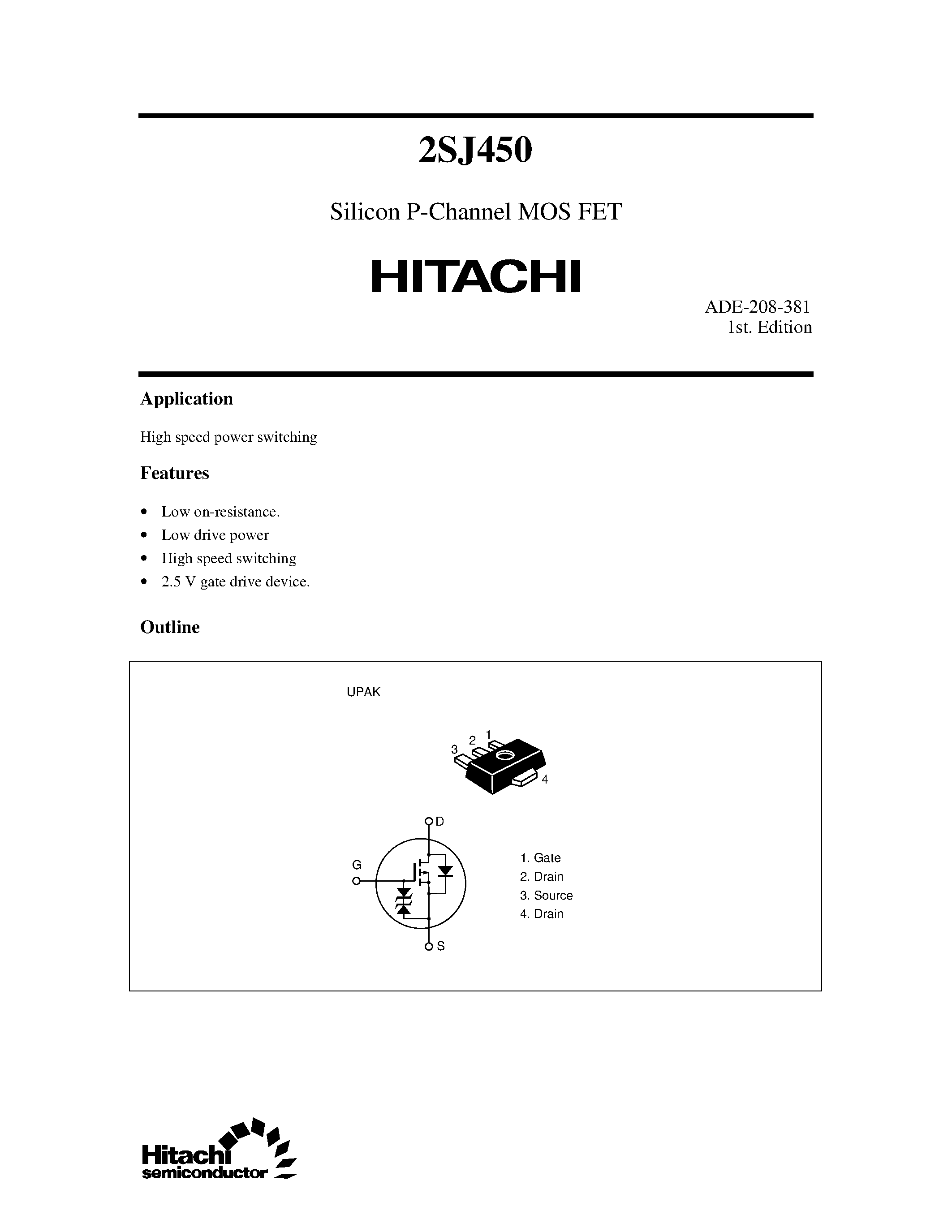 Datasheet 2SJ450 - Silicon P-Channel MOS FET page 1
