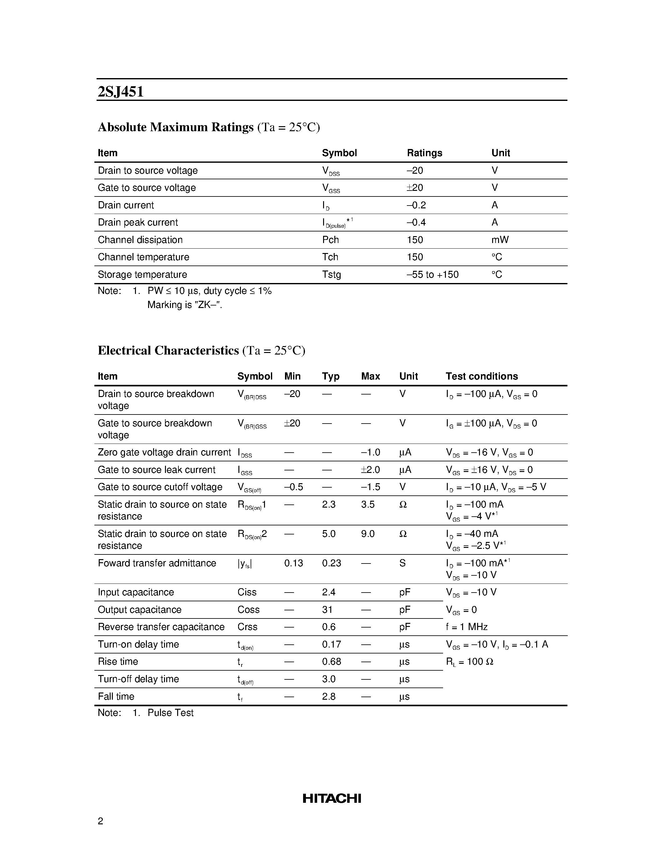 Datasheet 2SJ451 - Silicon P-Channel MOS FET page 2