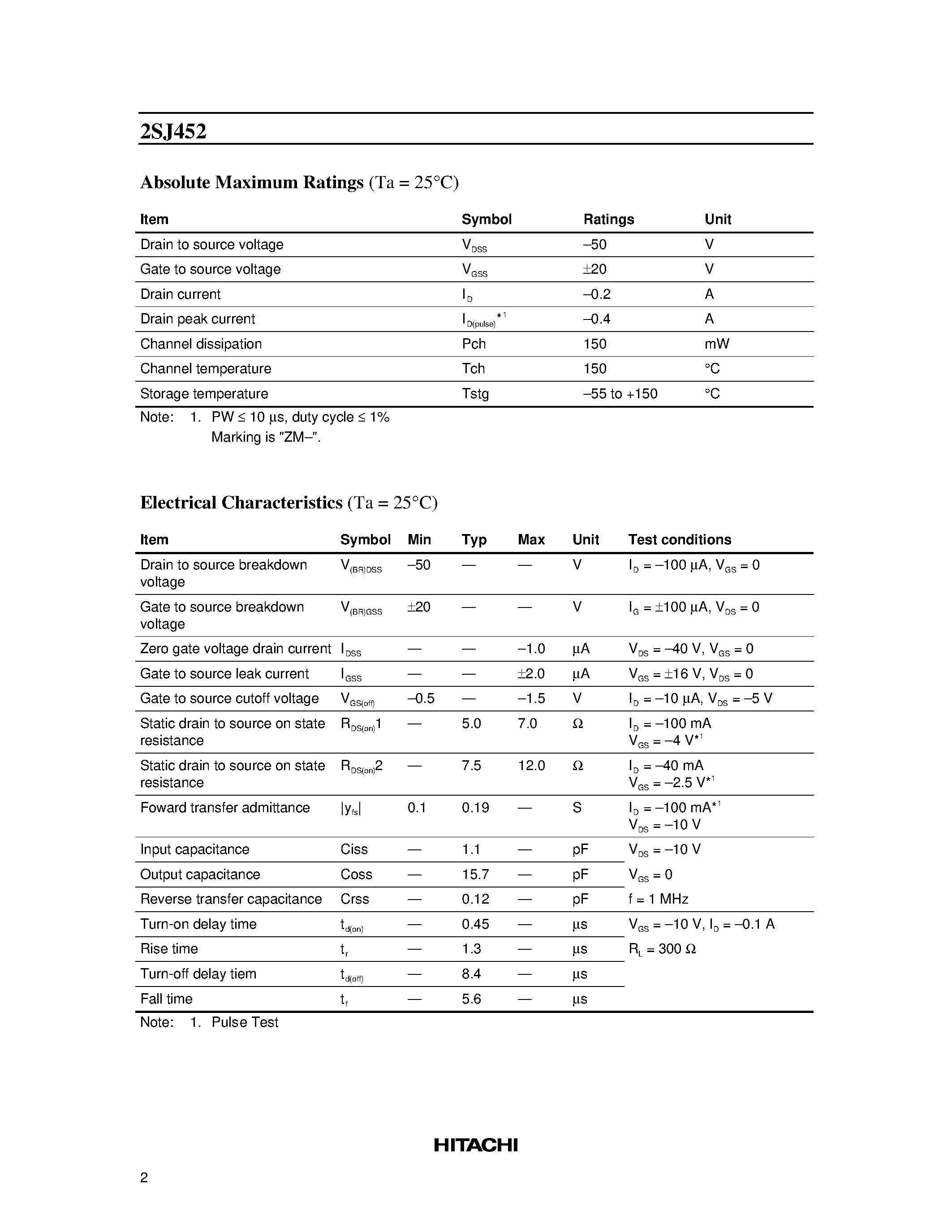 Datasheet 2SJ452 - Silicon P-Channel MOS FET page 2