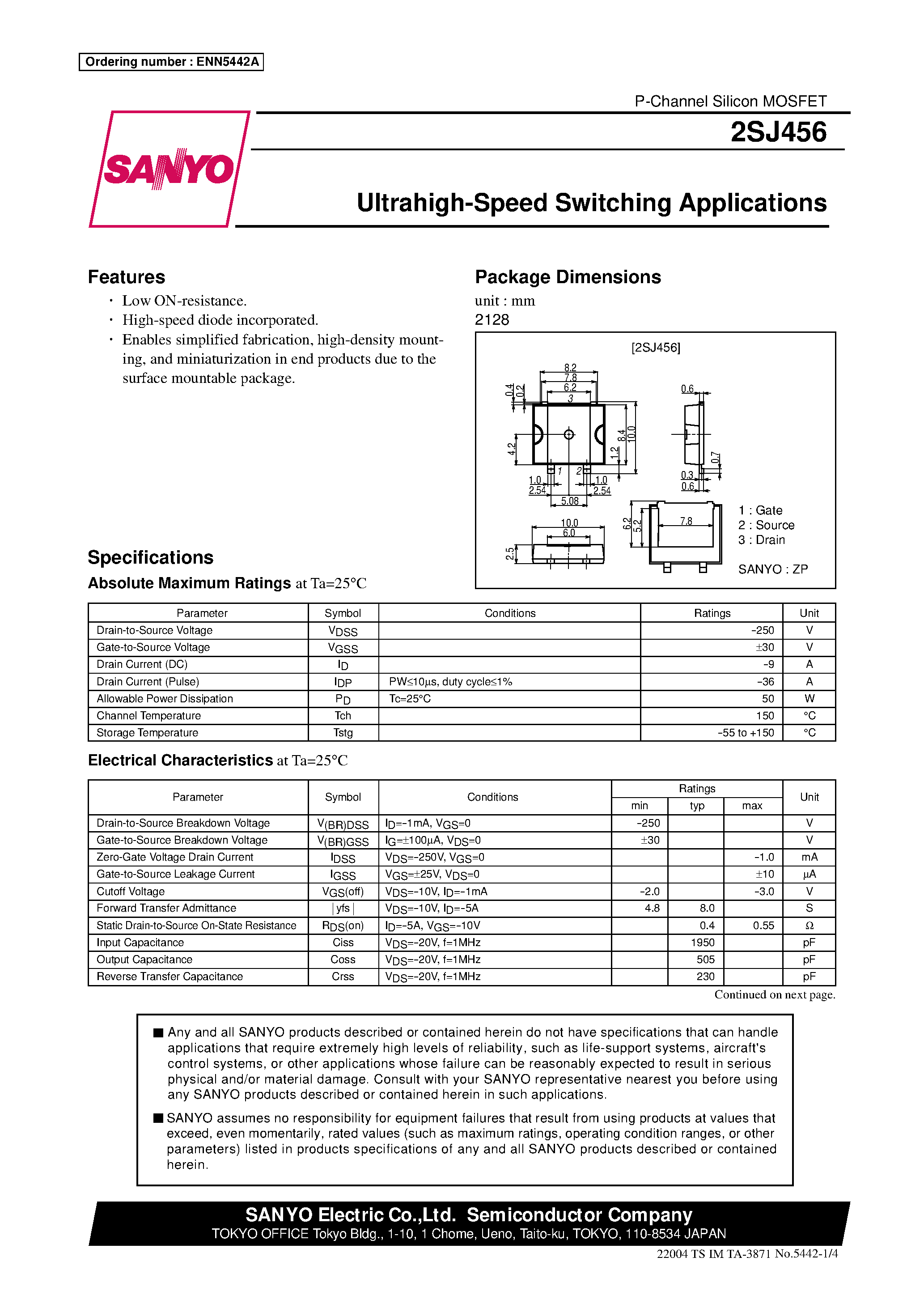 Datasheet 2SJ456 - Ultrahigh-Speed Switching Applications page 1