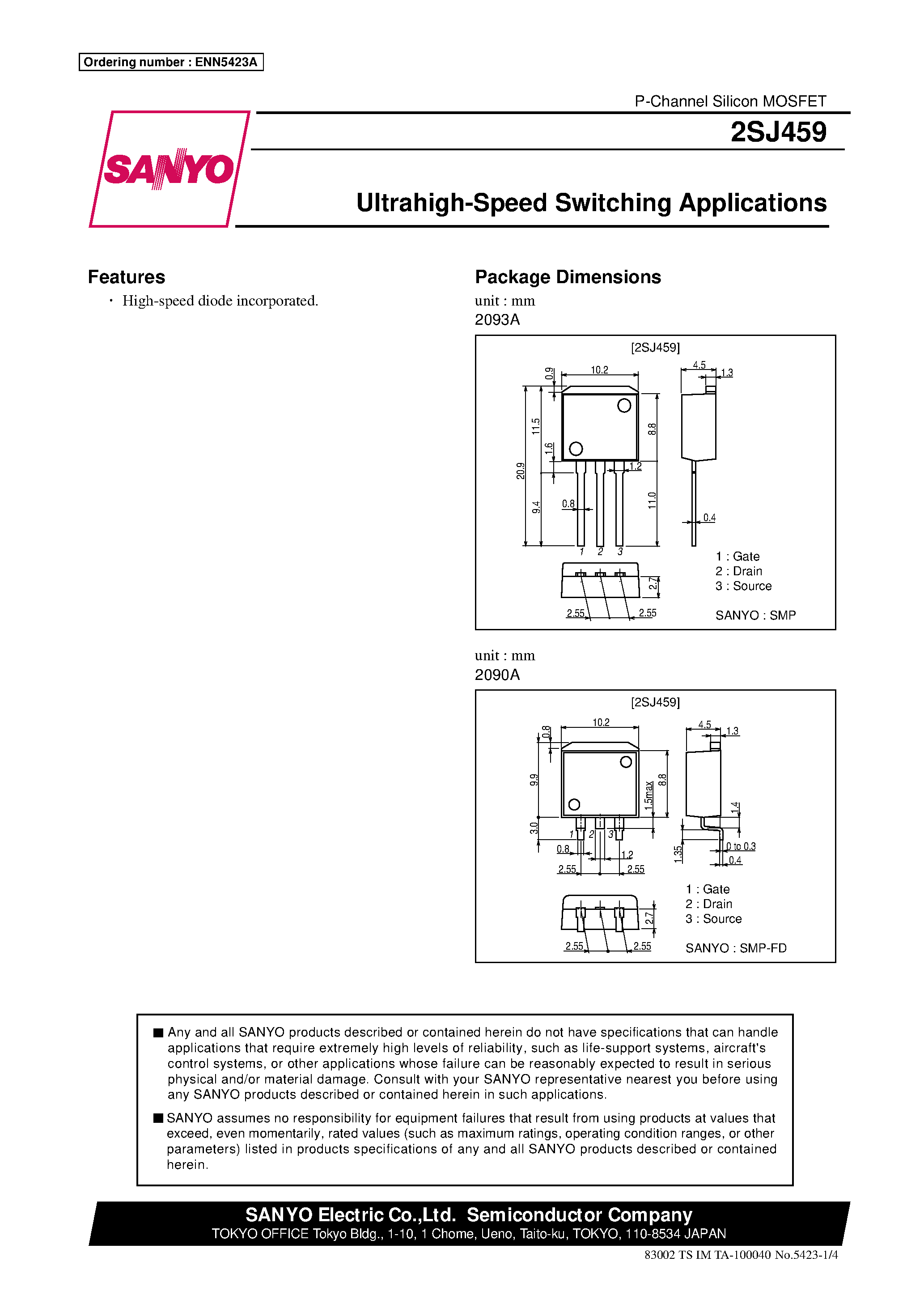Datasheet 2SJ459 - Ultrahigh-Speed Switching Applications page 1