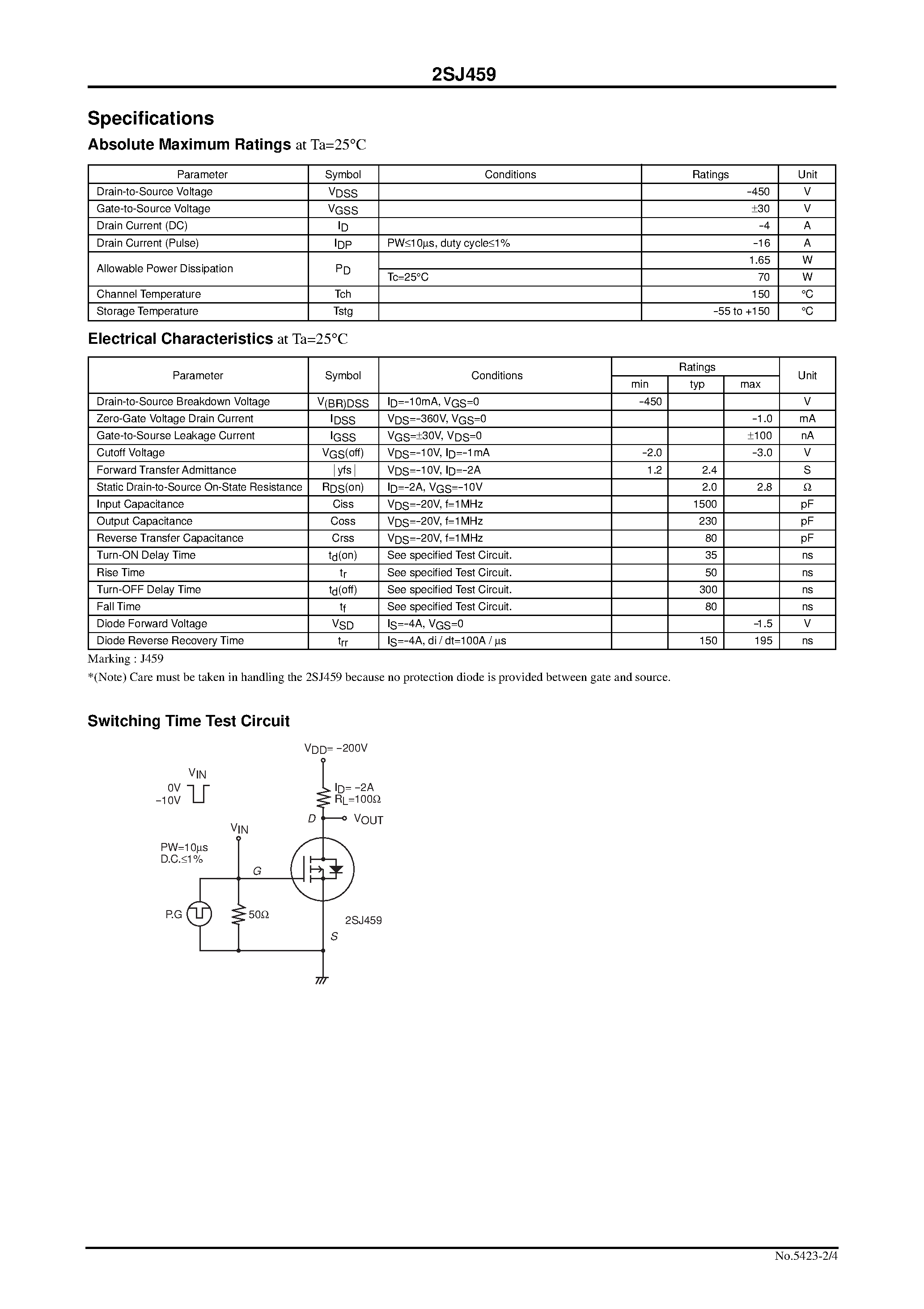 Datasheet 2SJ459 - Ultrahigh-Speed Switching Applications page 2