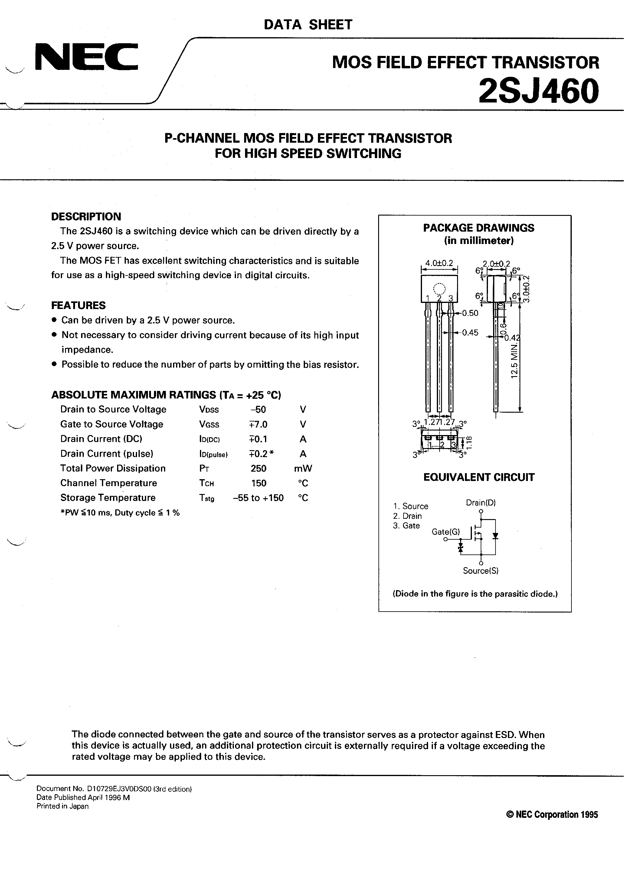 Datasheet 2SJ460 - P-CHANNEL MOS FIELD EFFECT TRANSISTOR FOR HIGH SPEED SWITCHING page 1
