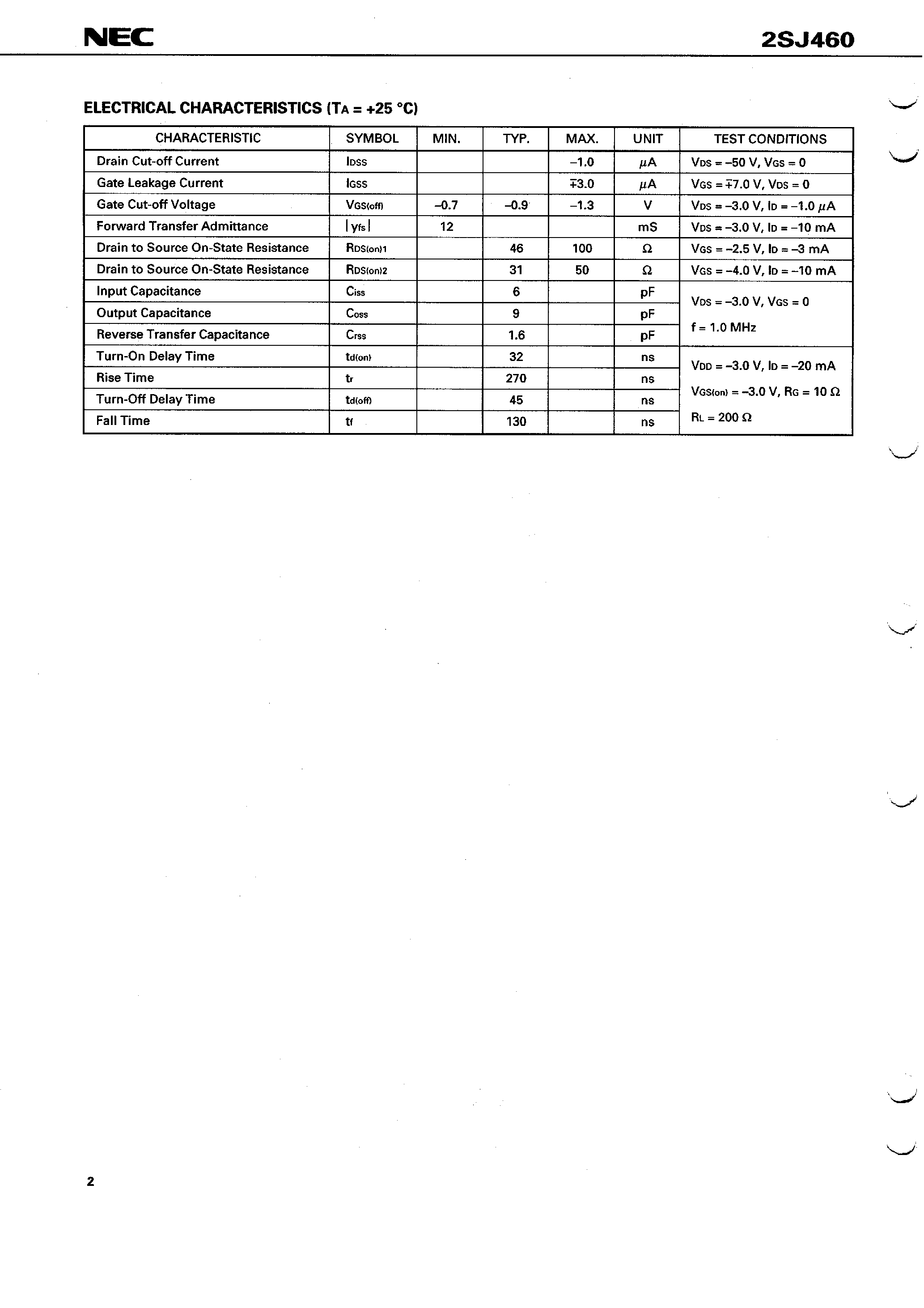 Datasheet 2SJ460 - P-CHANNEL MOS FIELD EFFECT TRANSISTOR FOR HIGH SPEED SWITCHING page 2