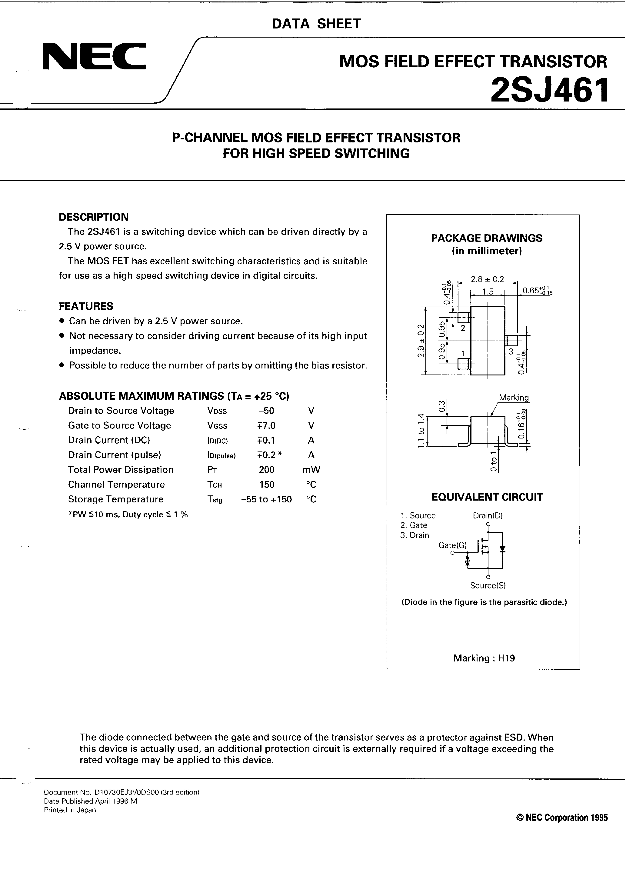 Datasheet 2SJ461 - P-CHANNEL MOS FIELD EFFECT TRANSISTOR FOR HIGH SPEED SWITCHING page 1