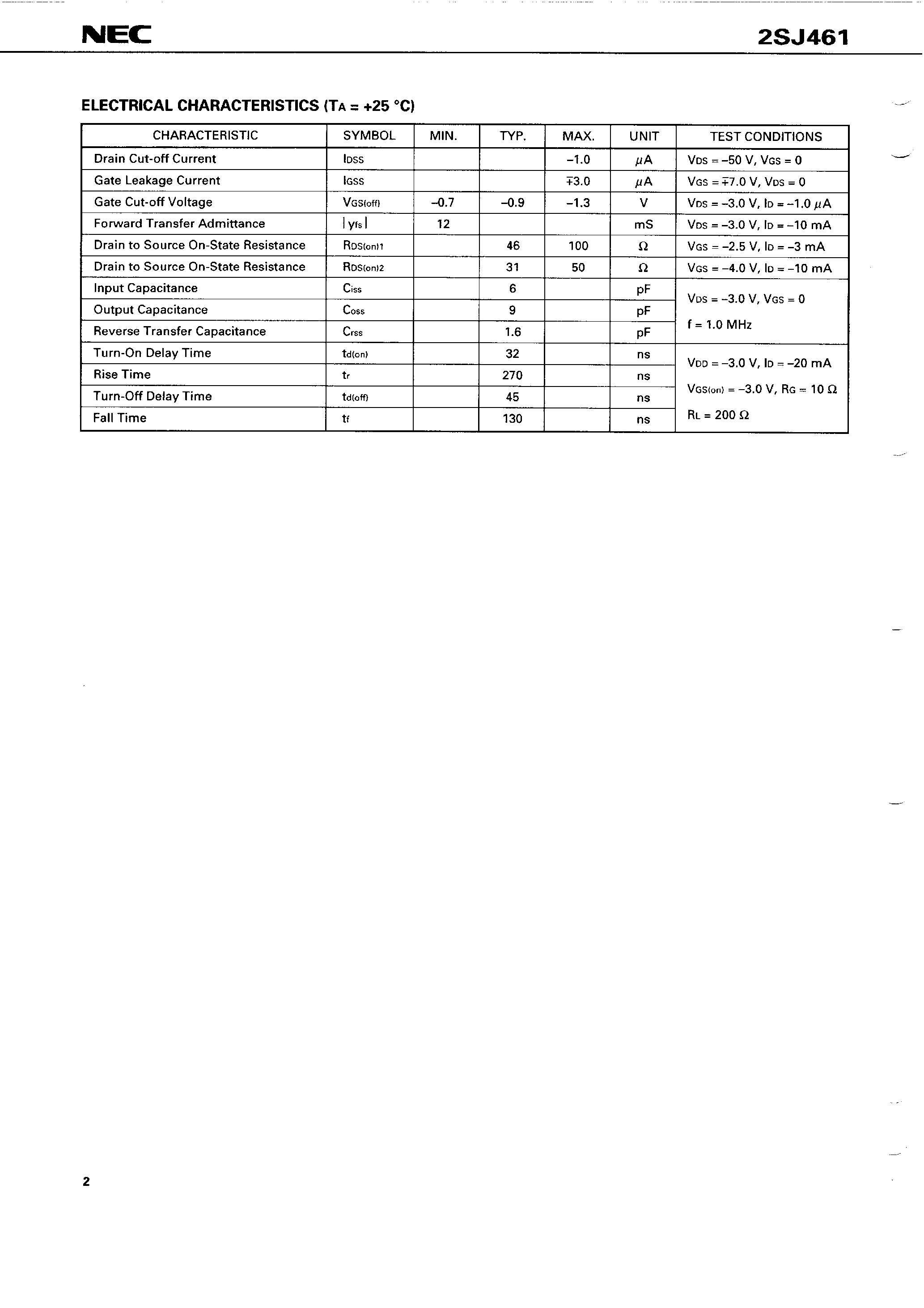 Datasheet 2SJ461 - P-CHANNEL MOS FIELD EFFECT TRANSISTOR FOR HIGH SPEED SWITCHING page 2
