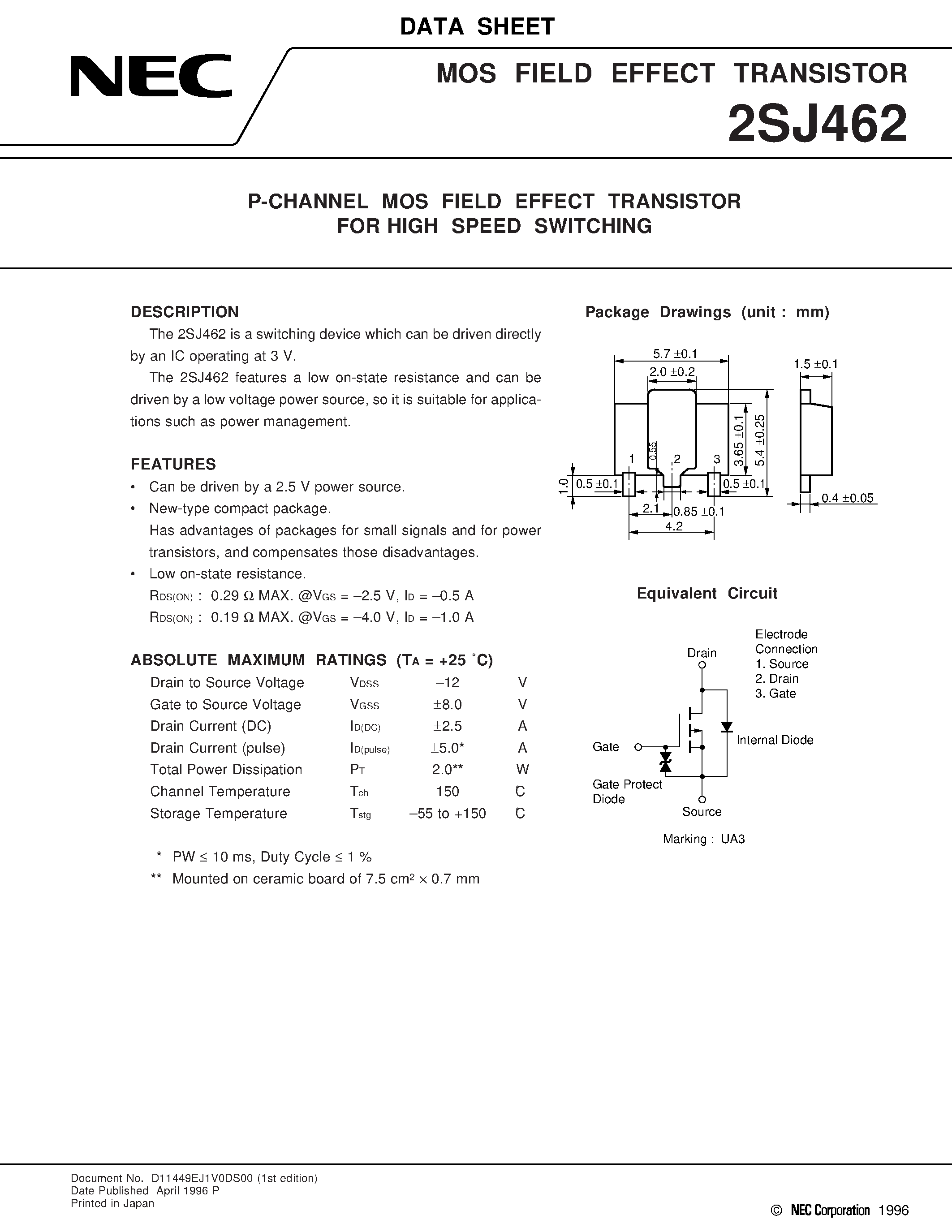 Datasheet 2SJ462 - P-CHANNEL MOS FIELD EFFECT TRANSISTOR FOR HIGH SPEED SWITCHING page 1