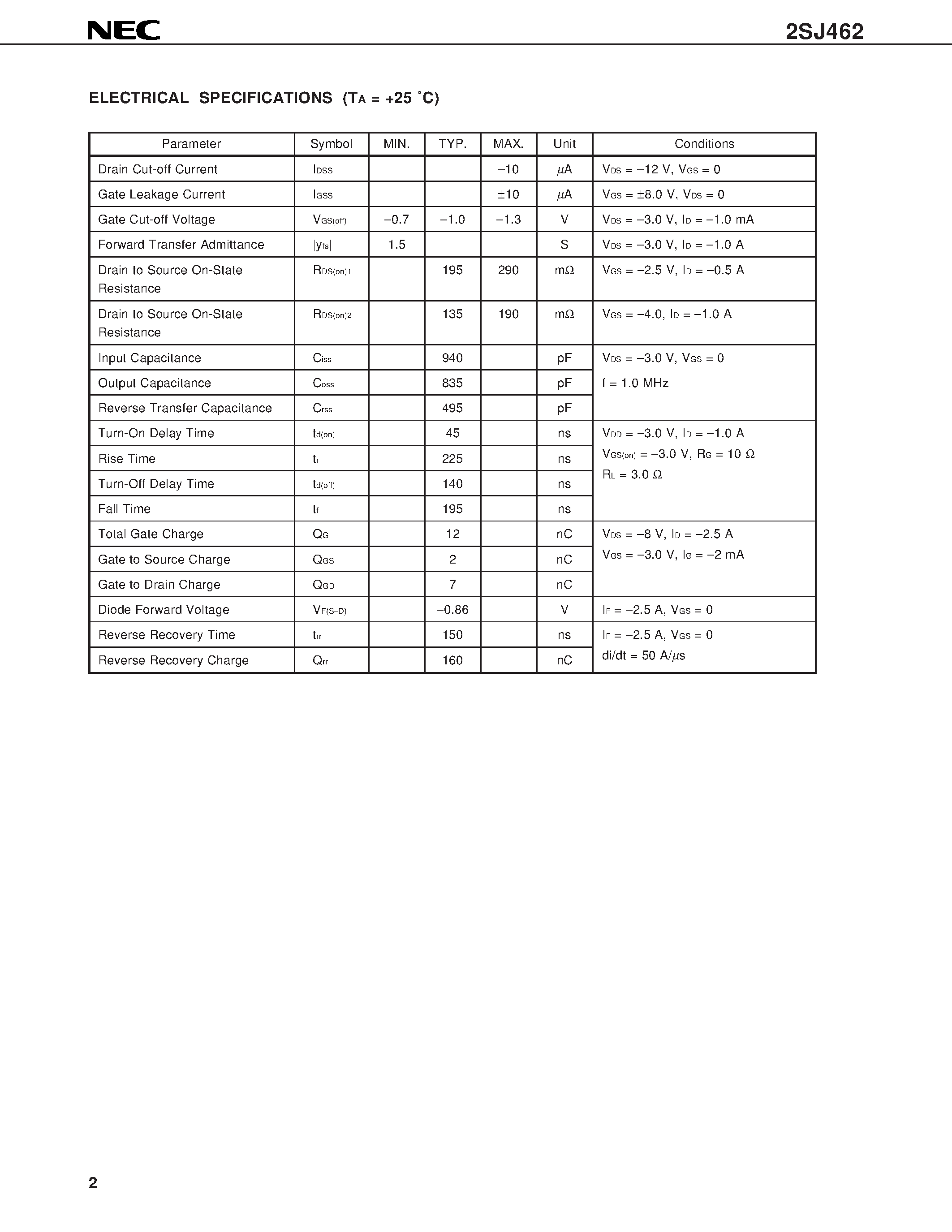 Datasheet 2SJ462 - P-CHANNEL MOS FIELD EFFECT TRANSISTOR FOR HIGH SPEED SWITCHING page 2