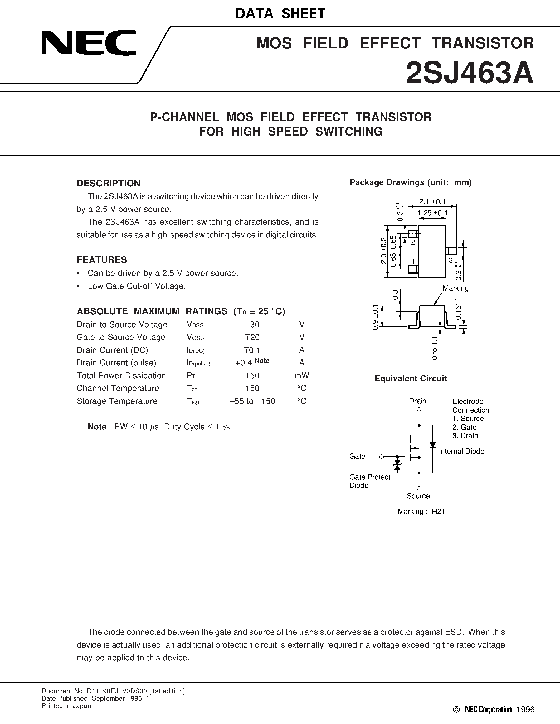 Datasheet 2SJ463 - P-CHANNEL MOS FIELD EFFECT TRANSISTOR FOR HIGH SPEED SWITCHING page 1