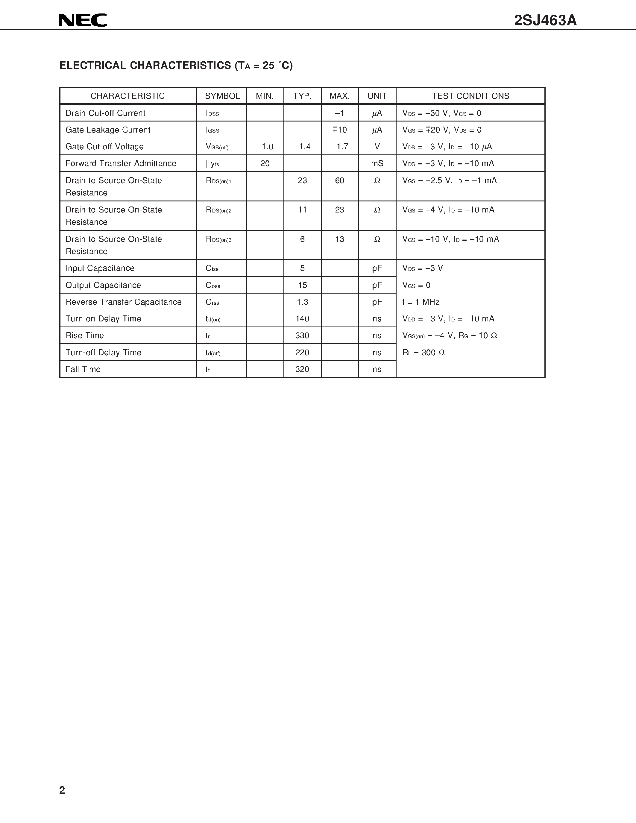 Datasheet 2SJ463A - P-CHANNEL MOS FIELD EFFECT TRANSISTOR FOR HIGH SPEED SWITCHING page 2