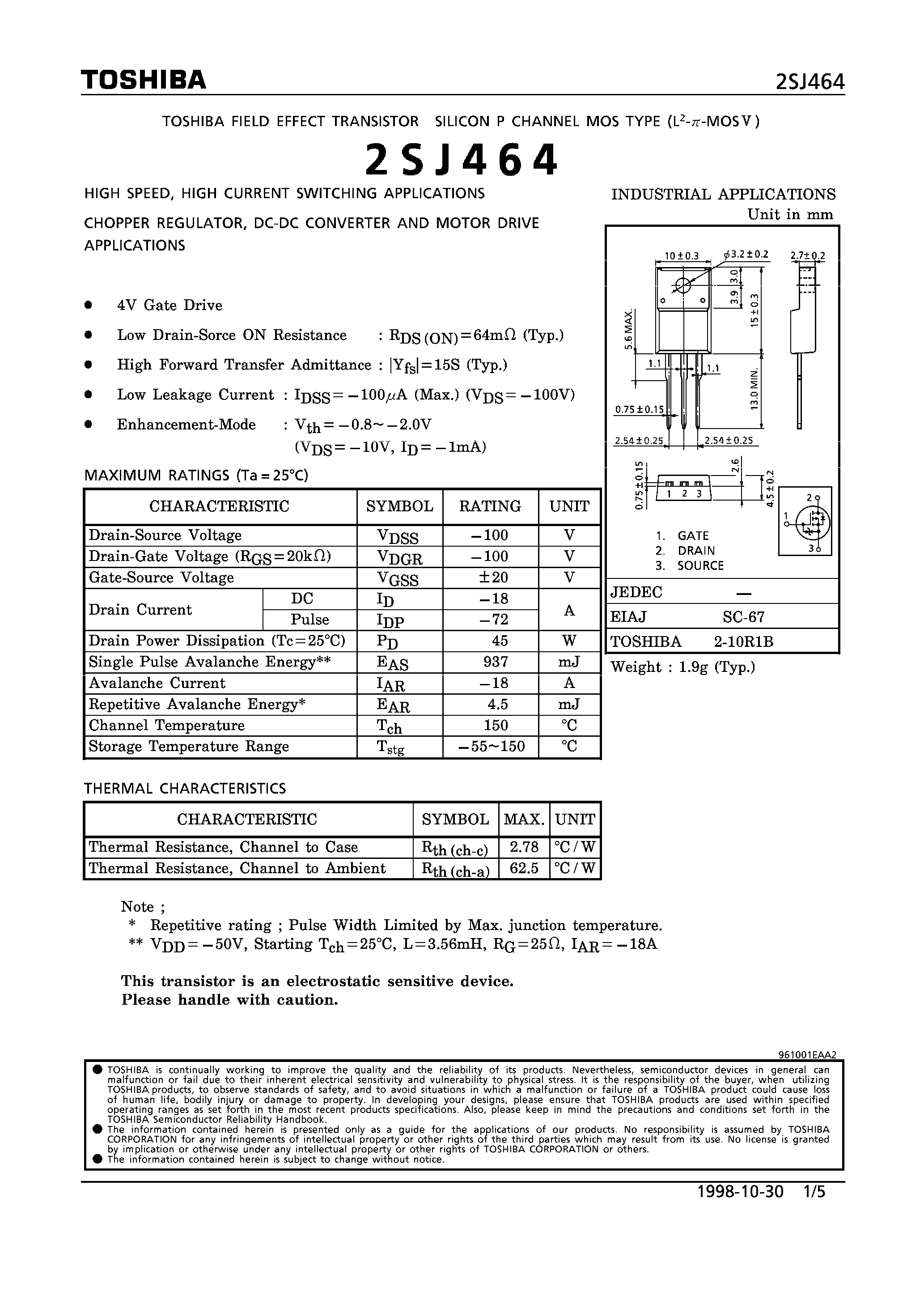Datasheet 2SJ464 - P CHANNEL MOS TYPE (HIGH SPEED/ HIGH CURRENT SWITCHING/ CHOPPOER REGULATOR/ DC-DC CONVERTER AND MOTOR DRIVE APPLICATIONS) page 1