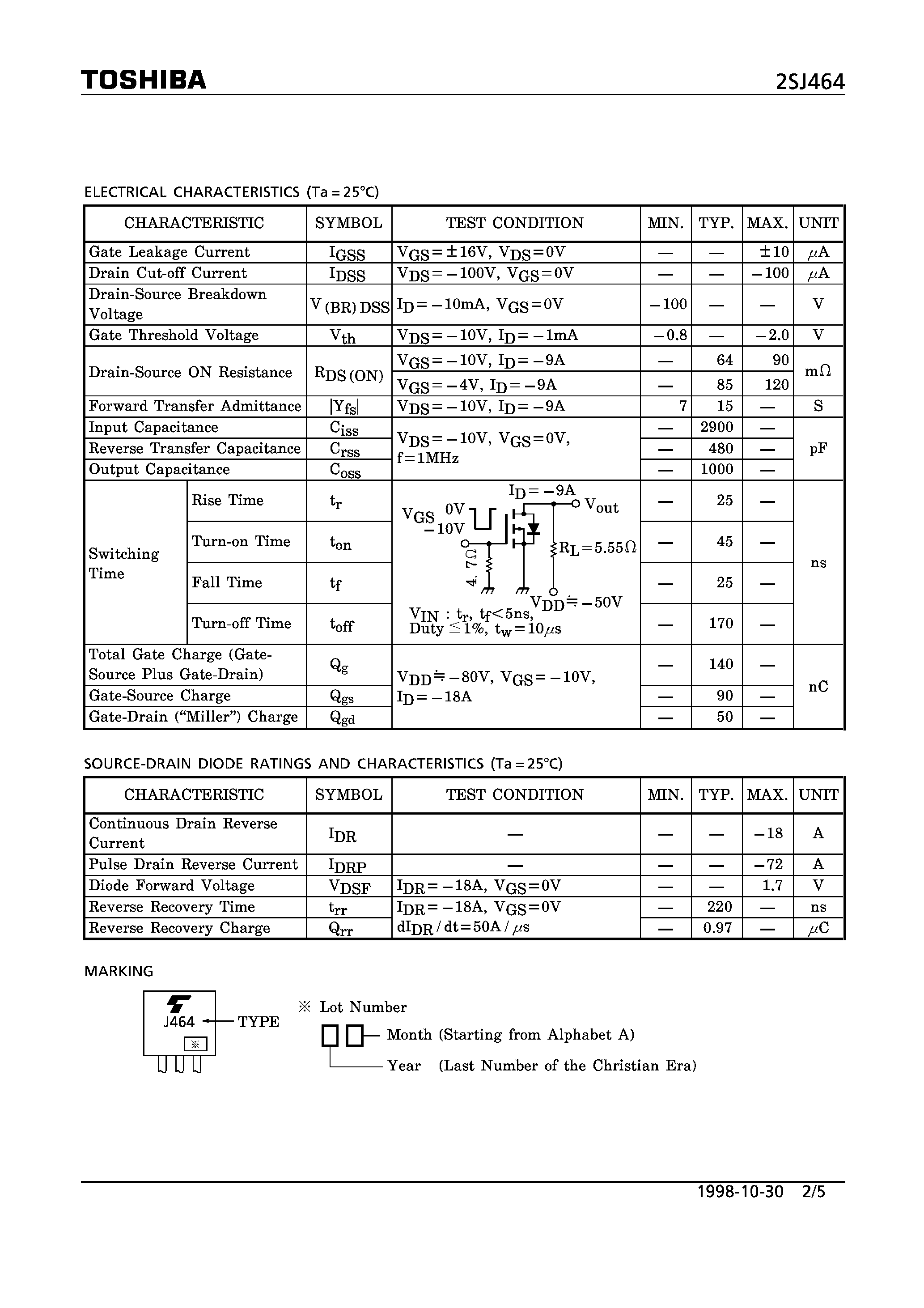 Datasheet 2SJ464 - P CHANNEL MOS TYPE (HIGH SPEED/ HIGH CURRENT SWITCHING/ CHOPPOER REGULATOR/ DC-DC CONVERTER AND MOTOR DRIVE APPLICATIONS) page 2