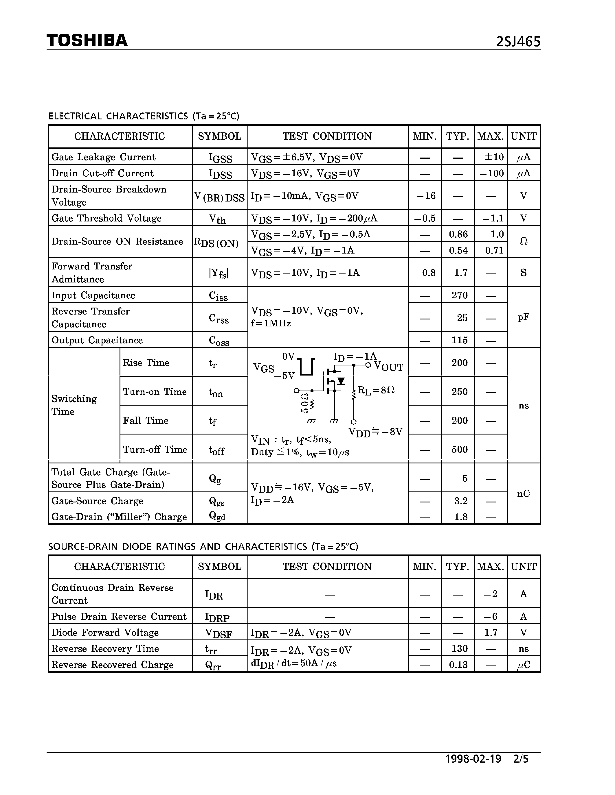 Datasheet 2SJ465 page 2 Datasheet 2SJ465 - P CHANNEL MOS TYPE (HIGH SPEED/ HIGH CURRENT SWITCHING/ DC-DC CONVERTER/ RELAY DRIVE AND MOTOR DRIVE APPLICATIOS) page 2