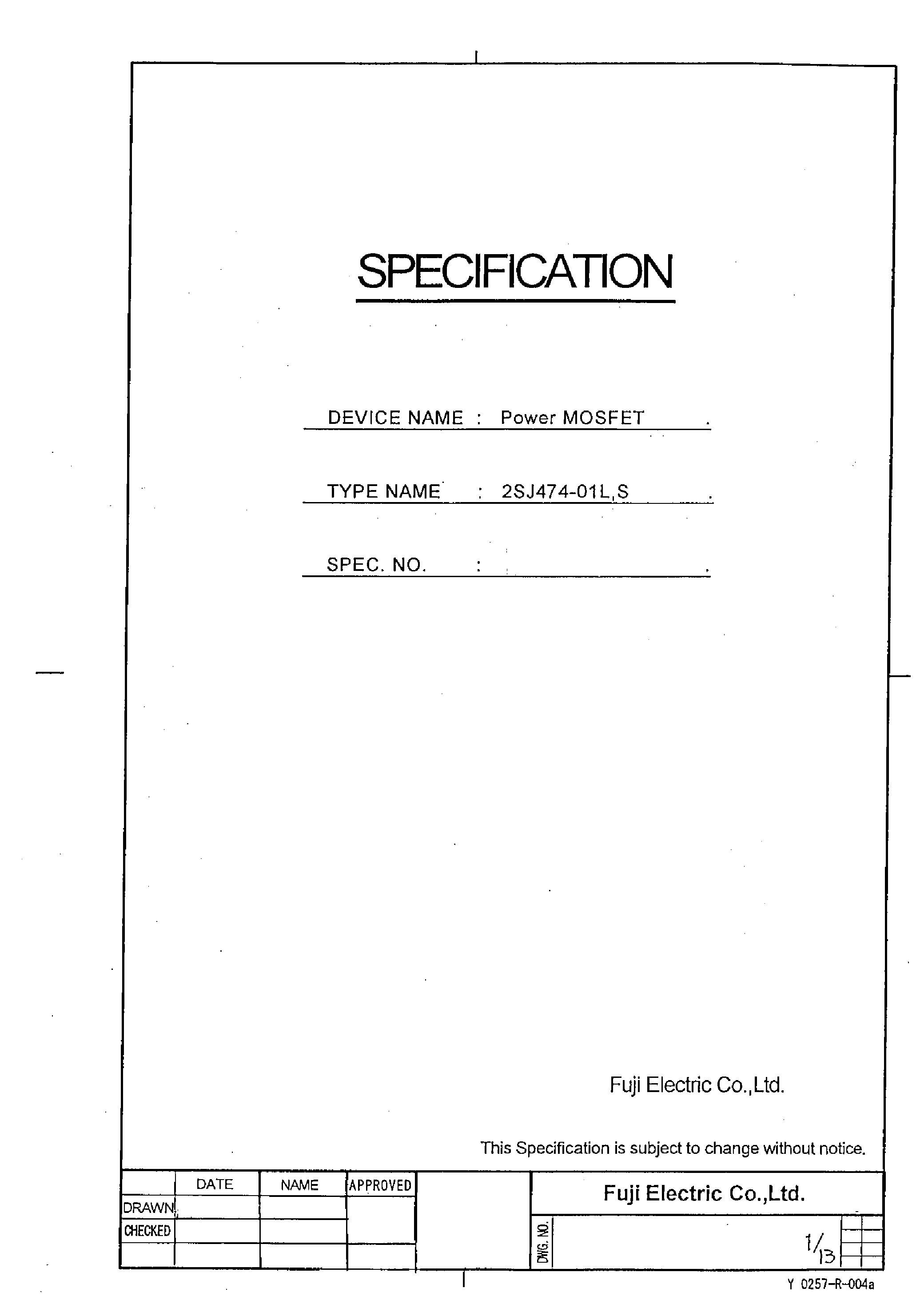 Datasheet 2SJ474-01L - Power MOSFET page 1
