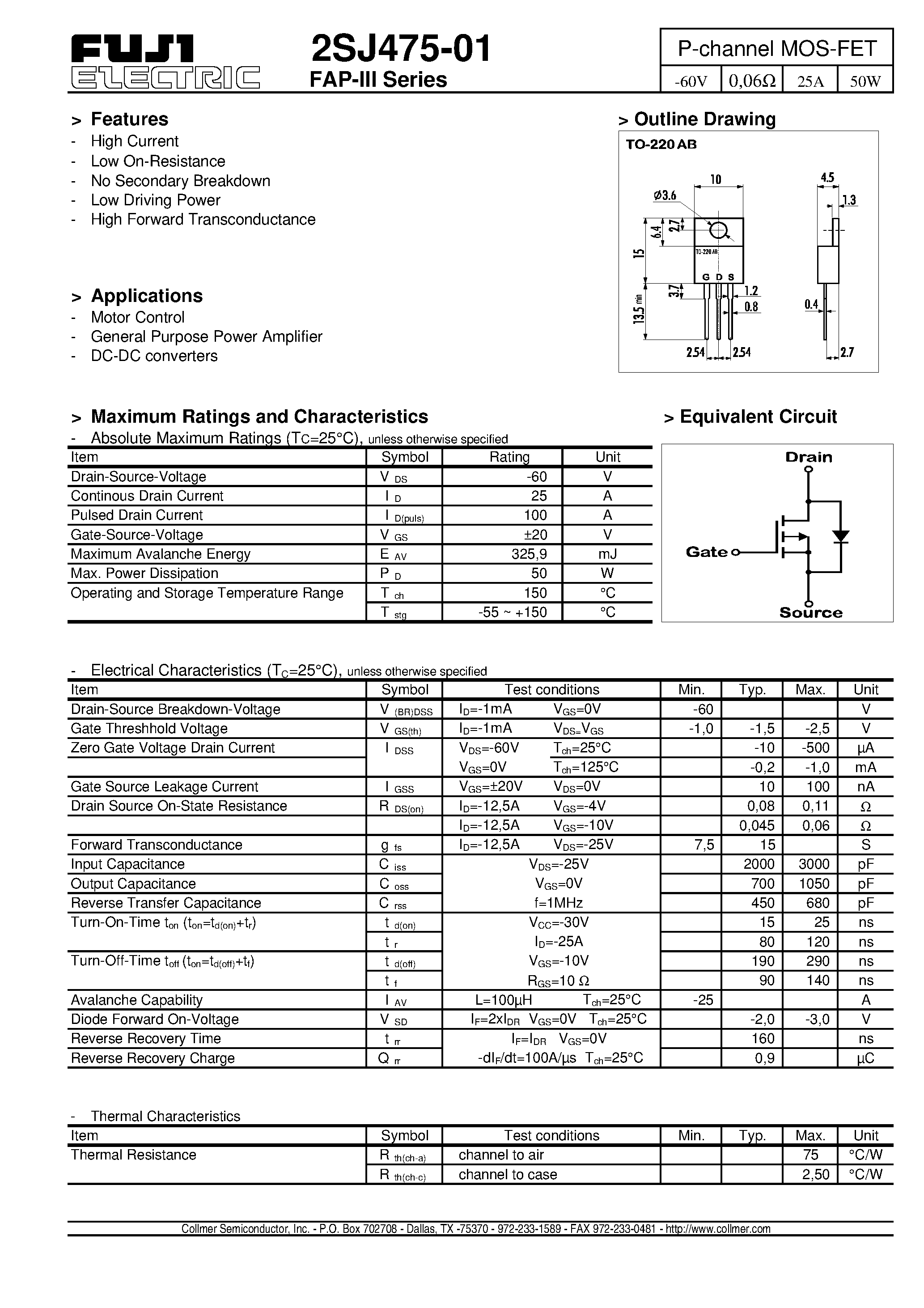 Datasheet 2SJ475-01 - FAP-III Series page 1