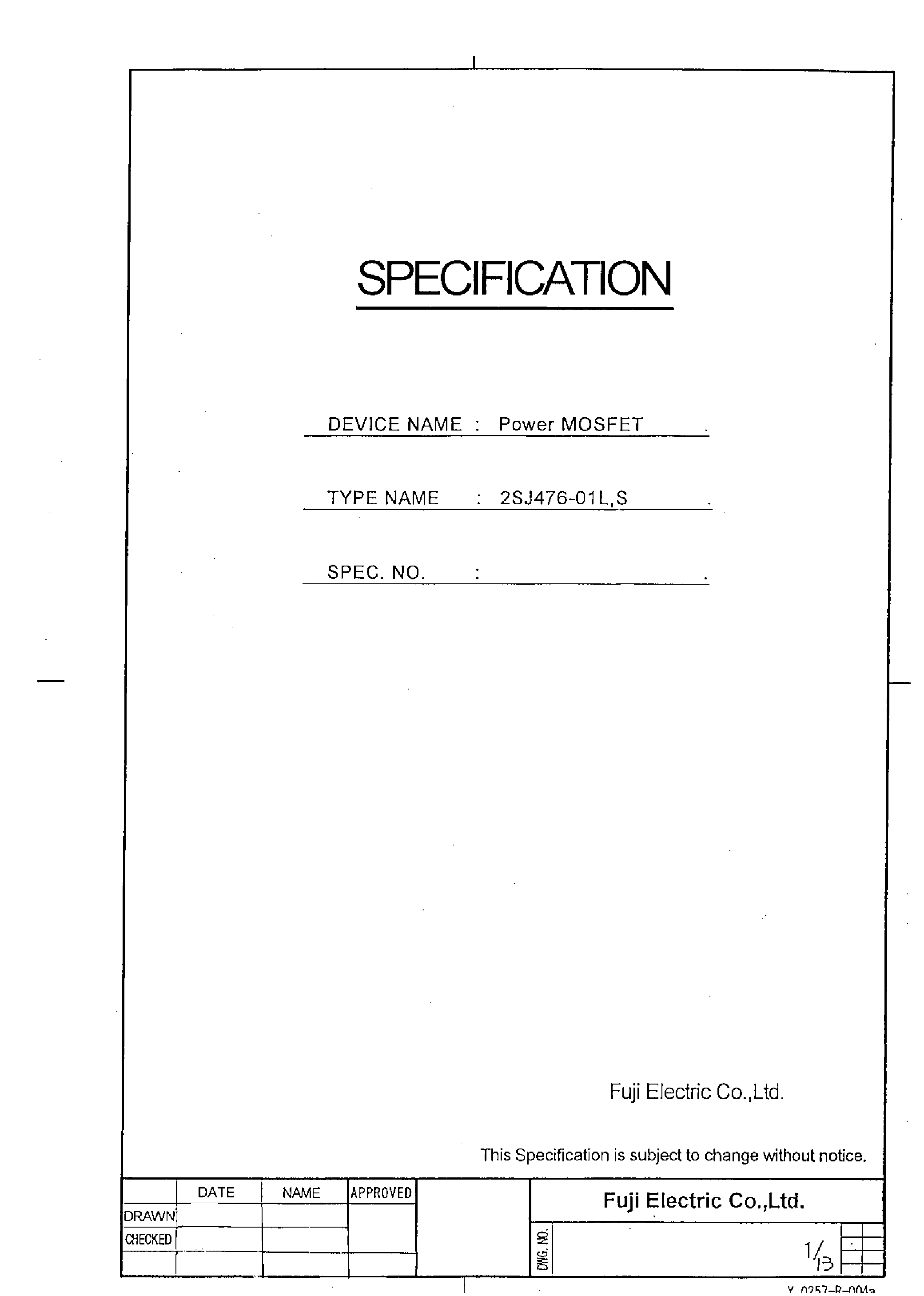Datasheet 2SJ476-01L - Power MOSFET page 1