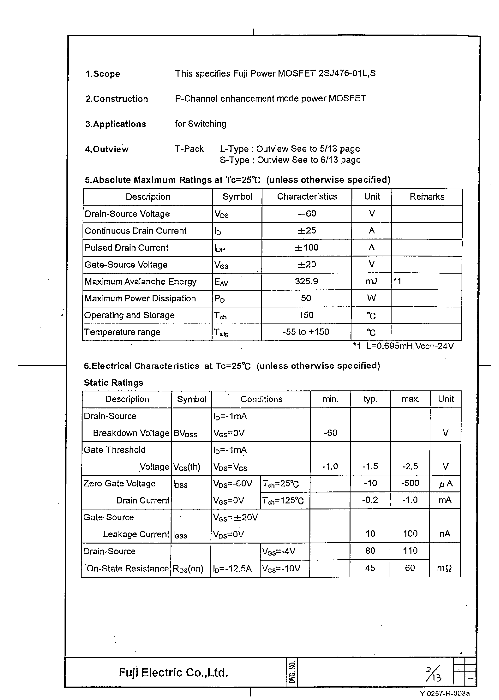 Datasheet 2SJ476-01L - Power MOSFET page 2