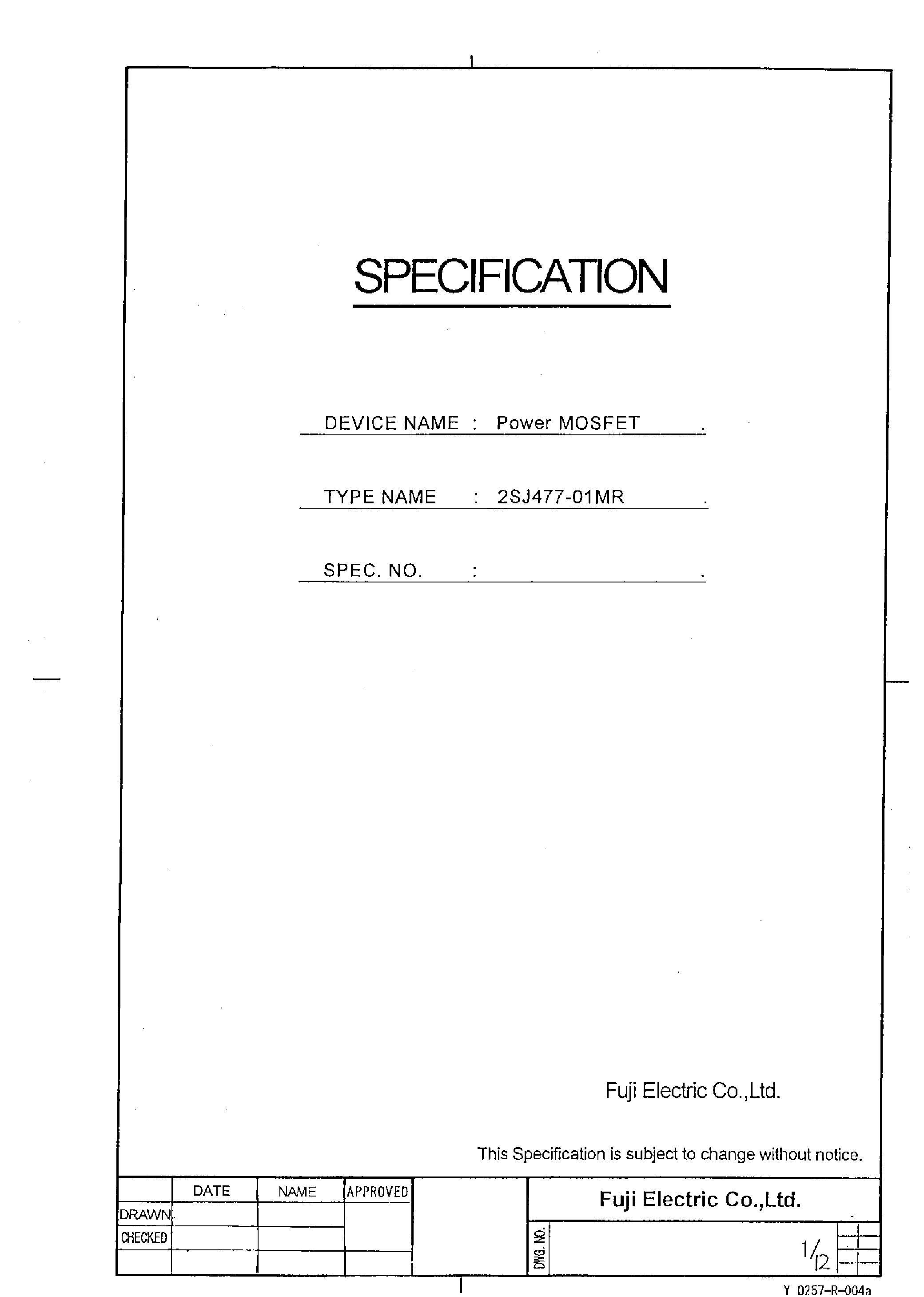 Datasheet 2SJ477-01MR - Power MOSFET page 1