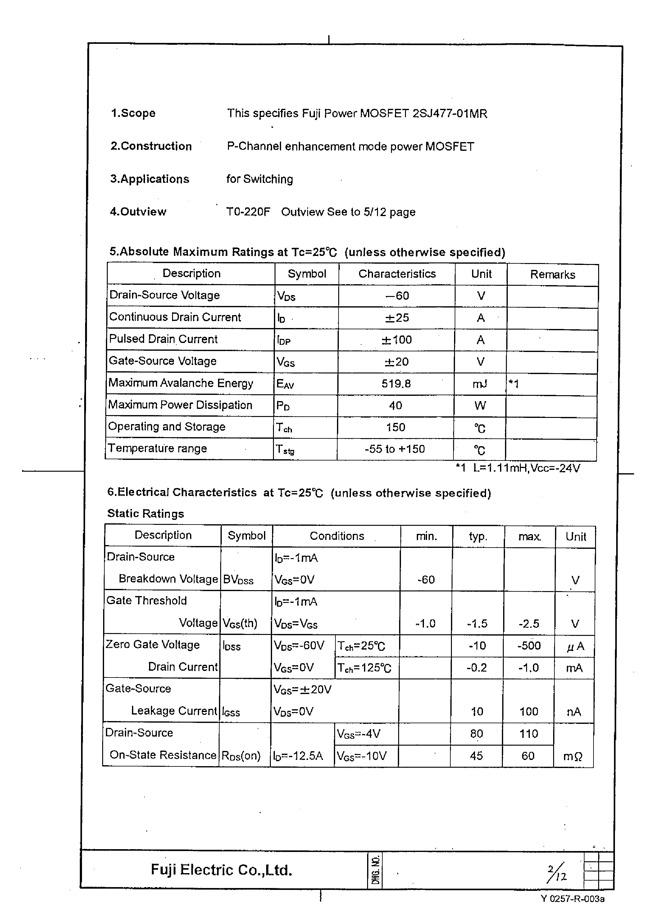Datasheet 2SJ477-01MR - Power MOSFET page 2