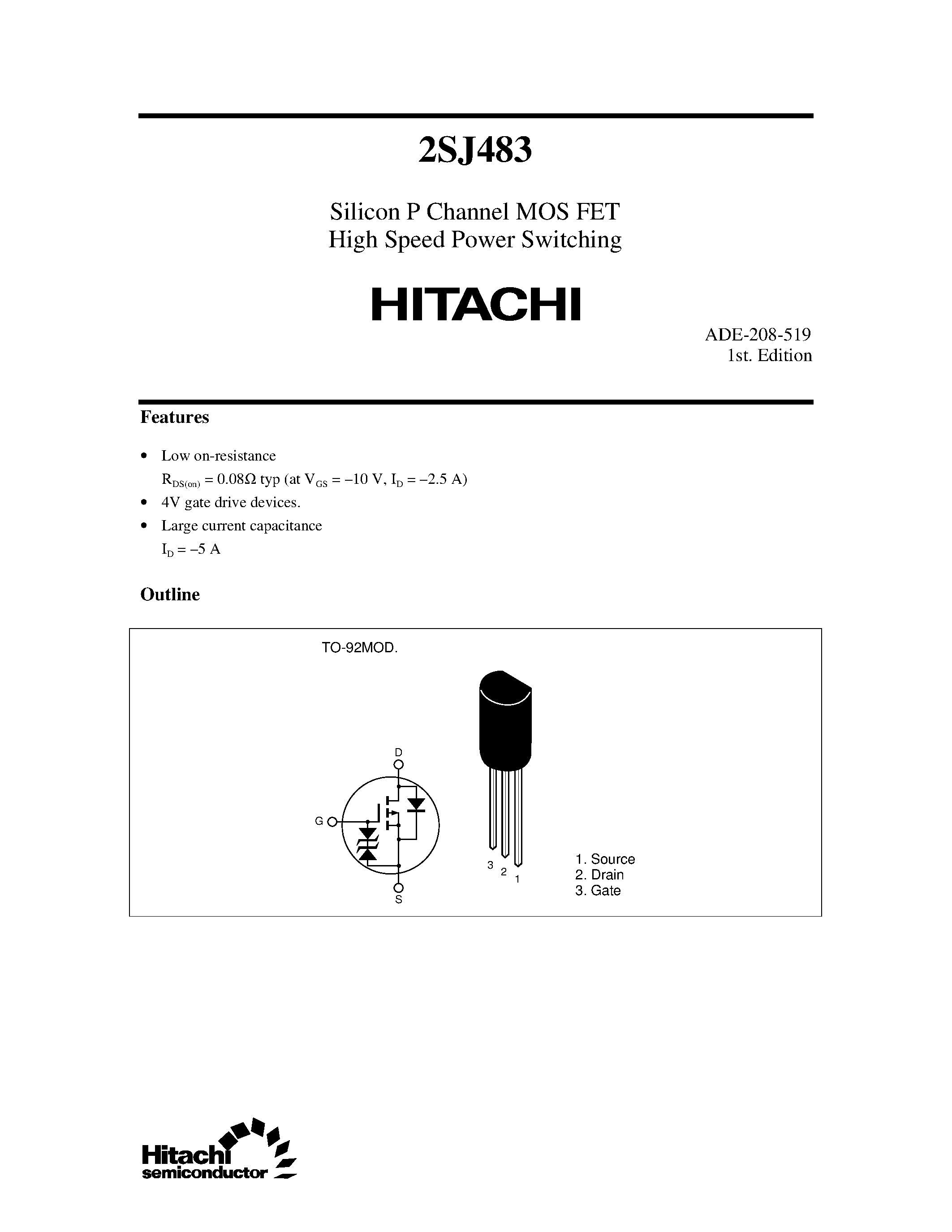 Datasheet 2SJ483 - Silicon P Channel MOS FET High Speed Power Switching page 1